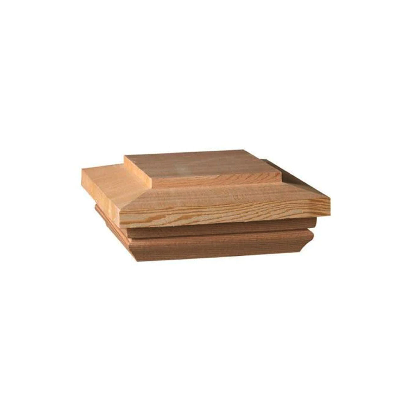 The Go Build 4 in. x 4 in. Pressure Treated Wood Pyramid Post Cap features a square, layered design and natural wood finish, shown against a plain white background.