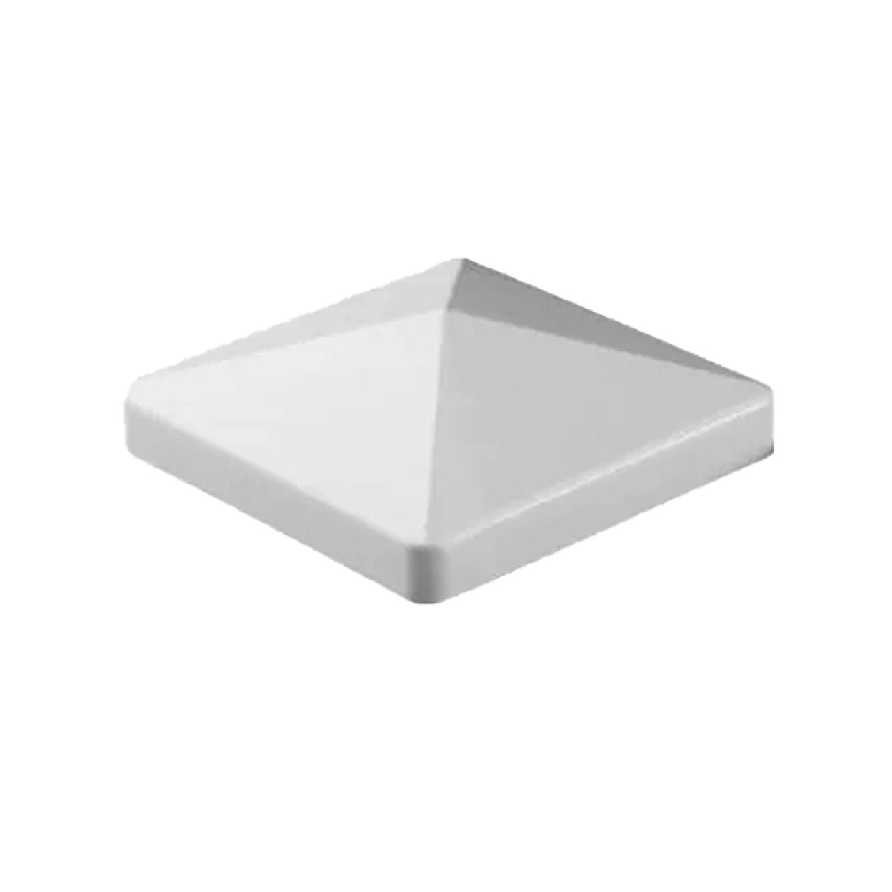A white, square 4 in. x 4 in. Bevel Post Sleeve Cap by Go Build, The Fastest Way To Build, with smooth, rounded edges and a pyramid shape is angled on a white background—perfect for finishing your posts with style.