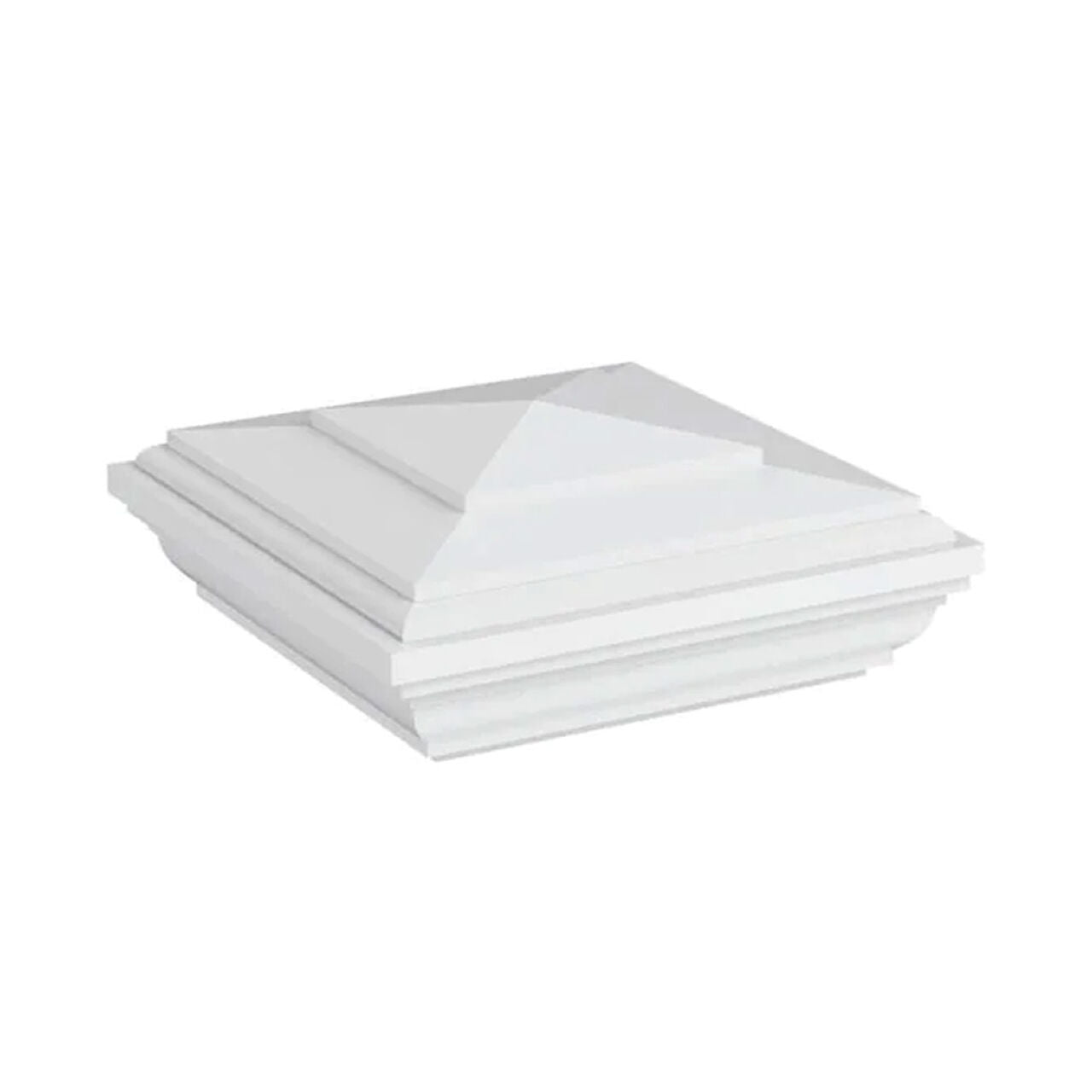 The Go Build 4 in. x 4 in. New England Post Cap with Glue in white features a layered trim and pyramidal top, designed to finish and protect fence or deck posts. Plain white background.