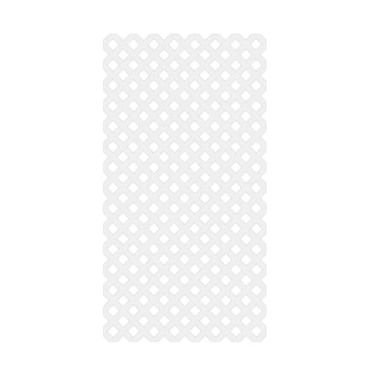 The Go Build 4 ft. x 8 ft. Garden Vinyl Lattice in white is a rectangular panel with a repeating diamond pattern, perfect for gardens and outdoor spaces.