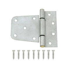 The Go Build 3-1/2 in. Galvanized Heavy Duty Tee Hinge features a rust-resistant rectangular plate with rounded edge, displayed with eight silver screws aligned below the hinge.