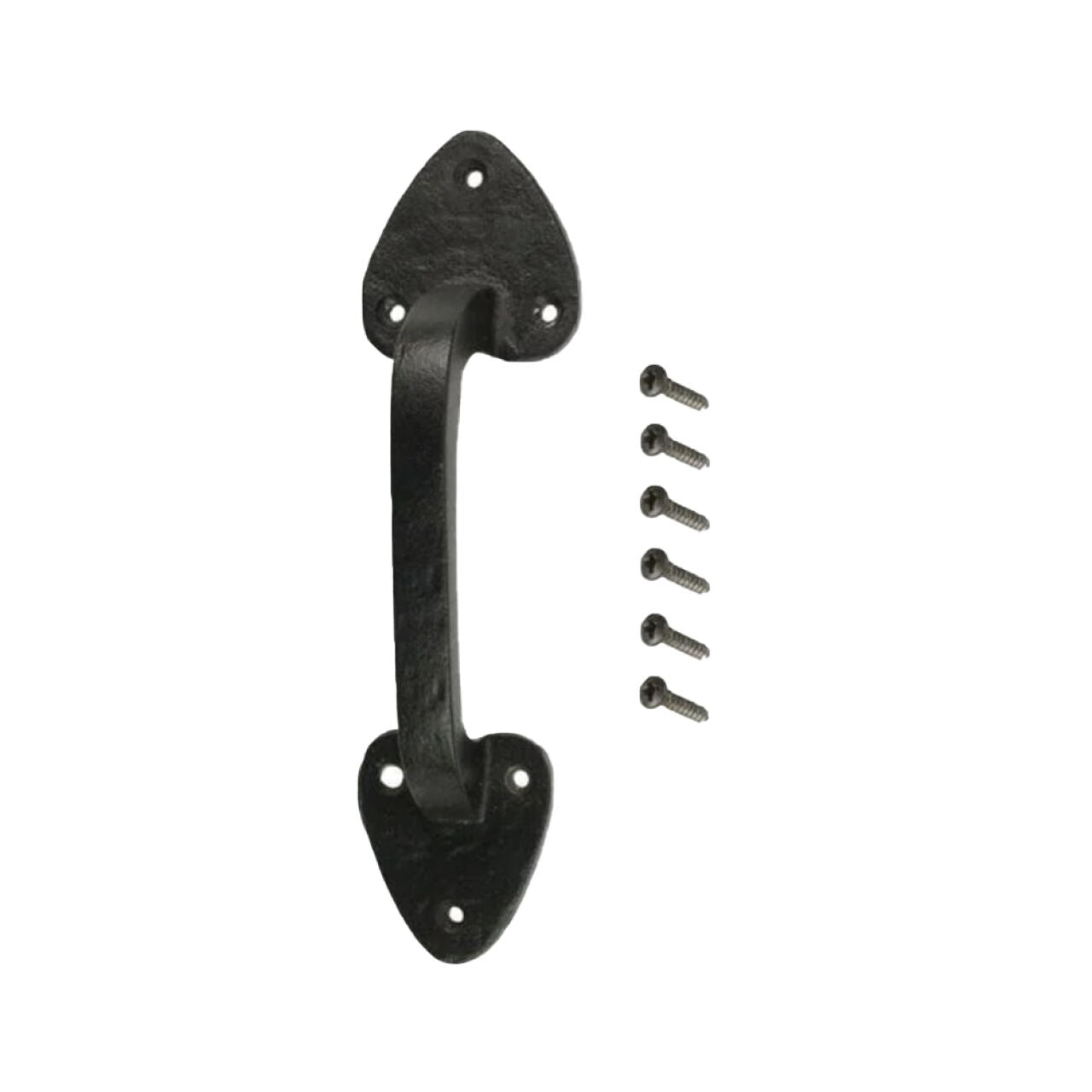 The Go Build 7-1/2 in. Heavy Duty Gate Pull - Black features a curved grip with pointed ends and comes with six matching screws, all shown on a white background.