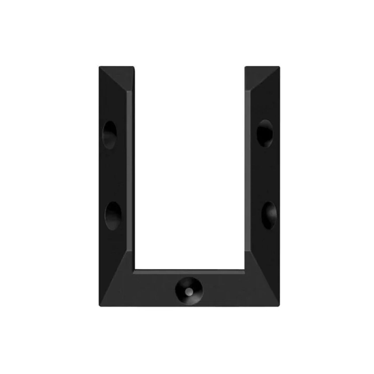 The Rail Connector Bracket - Black by Go Build, The Fastest Way To Build, is a U-shaped metal bracket with beveled edges and five screw holes, shown from above on a white background.