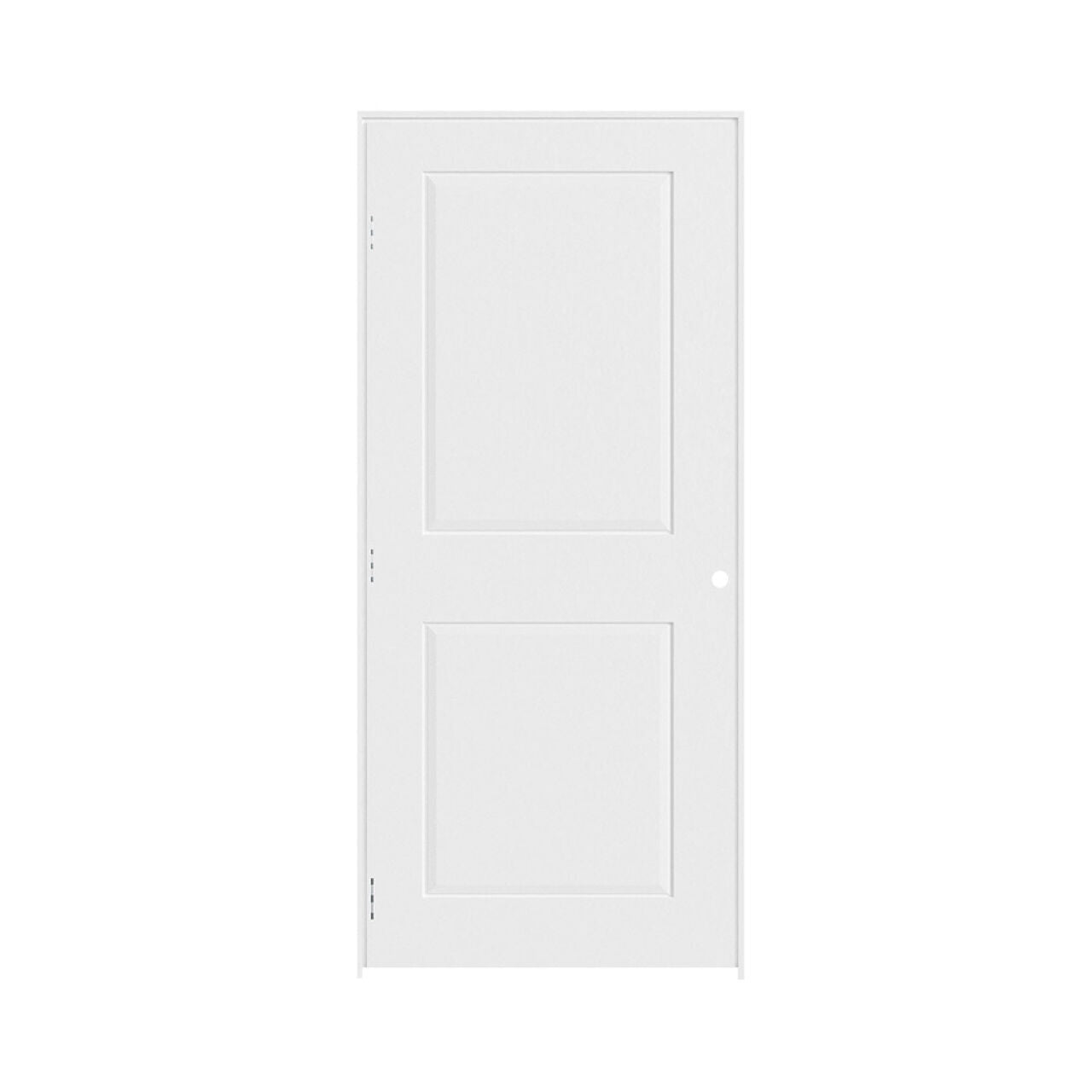 The Go Build 32 in. x 80 in. LH Cambridge Primed Smooth MDF Prehung Hollow-Core Door features two rectangular panels and a round hole for a doorknob, shown against a white background.