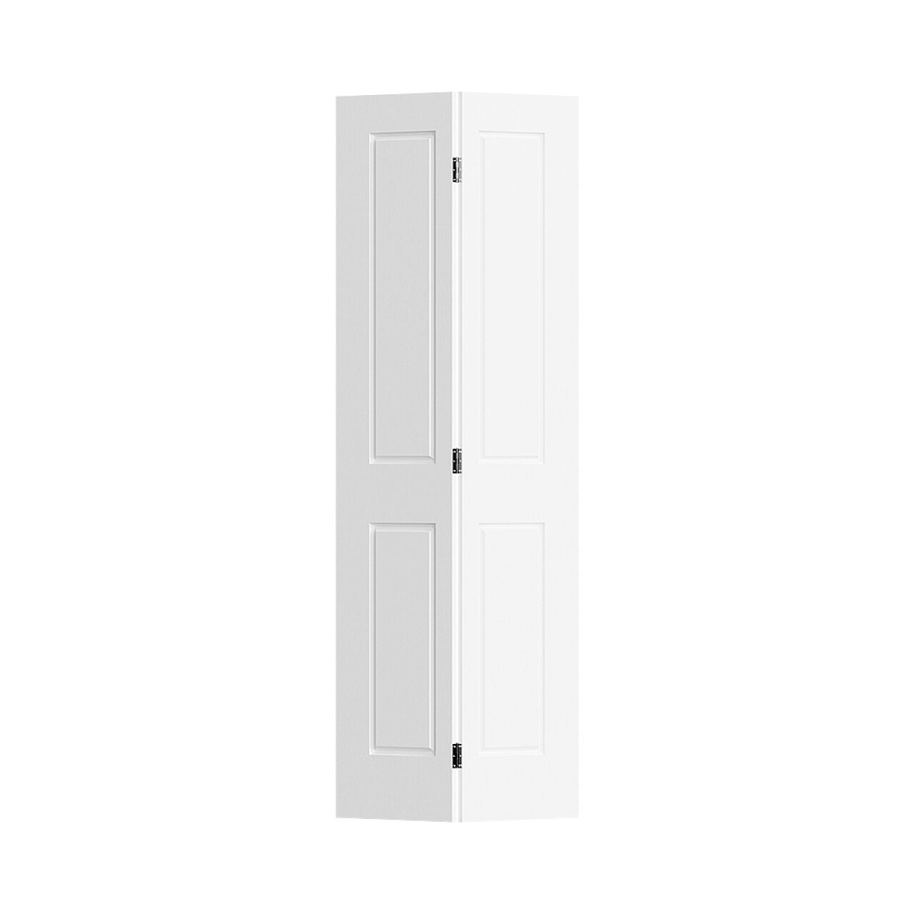 The Go Build 30 in. x 80 in. Cambridge Bi-fold Primed Smooth MDF Door, Hollow Core, features two white panels with simple rectangular designs and is shown partially open against a plain white background.