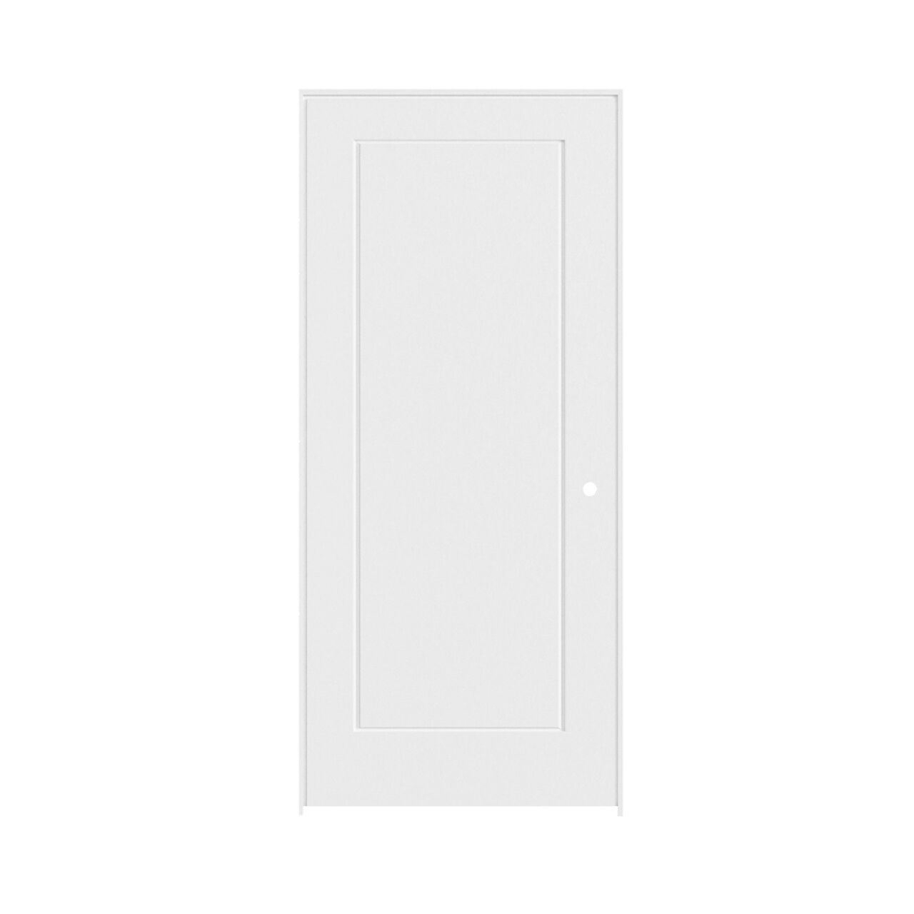 A 32 in. x 80 in. Go Build Prehung Door, 1 Panel Shaker design, primed solid core wood, left-hand swing, from The Fastest Way To Build brand.