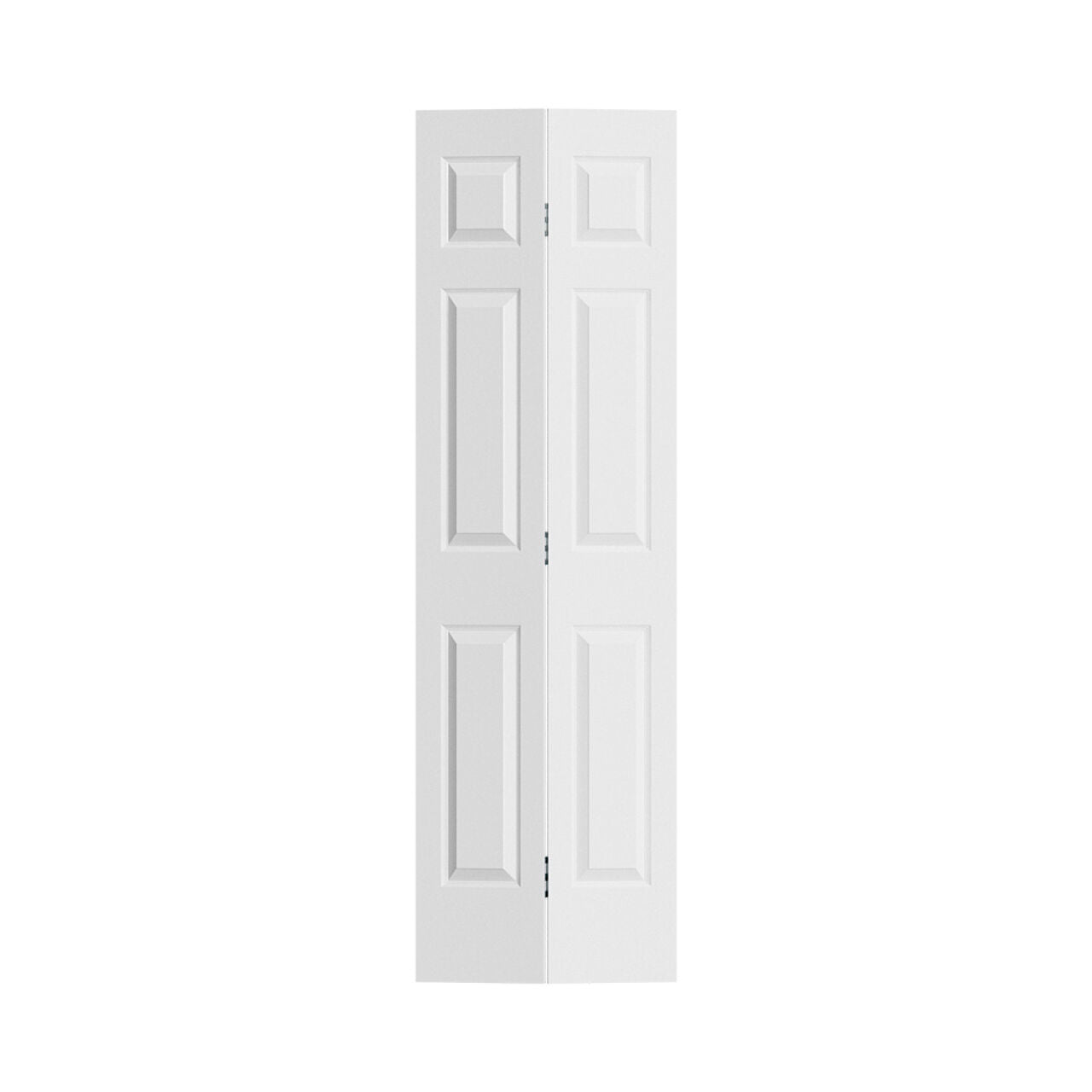Go Build 30 in. x 80 in. Colonist Bi-fold Primed Smooth MDF Door, Hollow Core, shown closed against a white background; features four panels joined by center hinges and comes ready to finish.