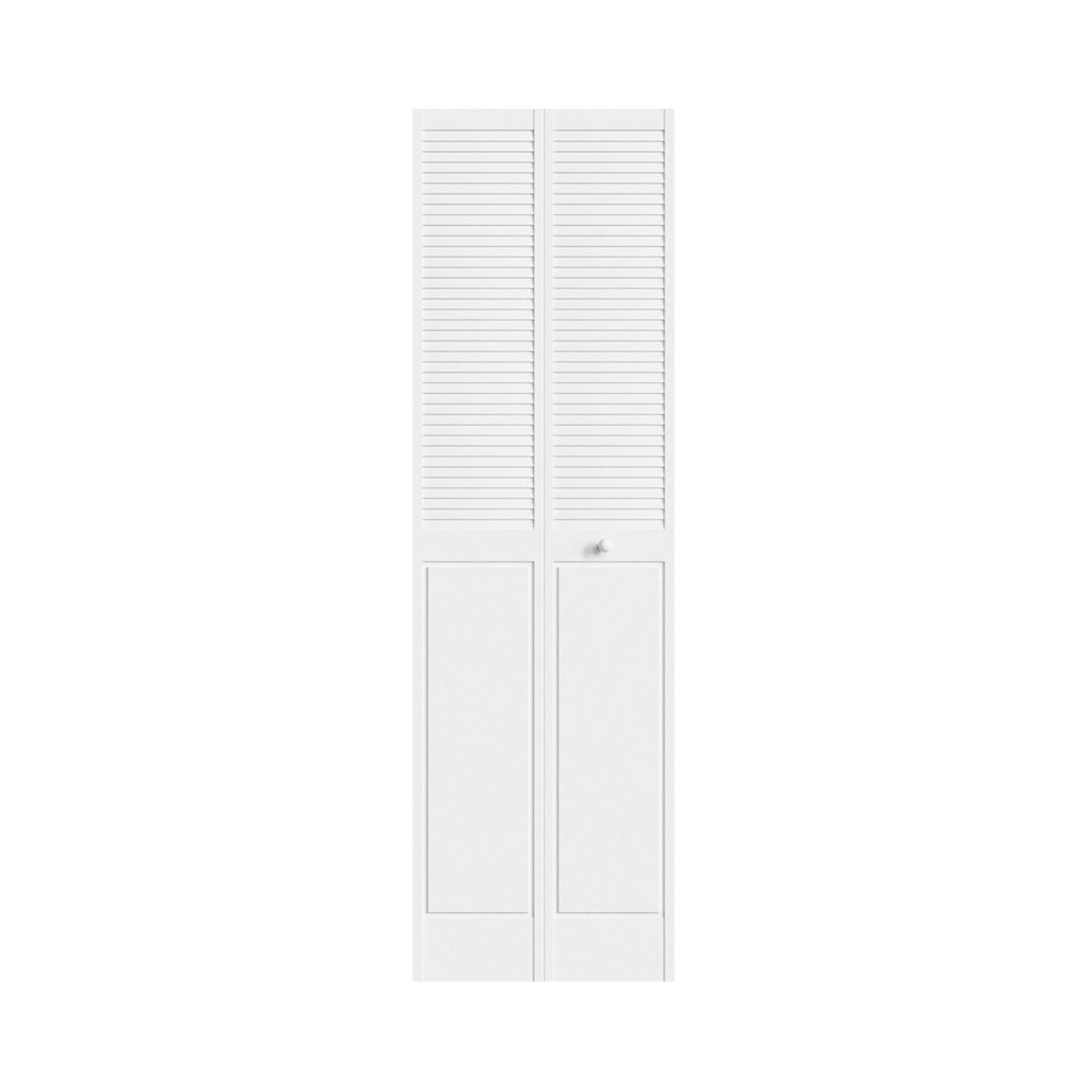 The Go Build 24 in. x 80 in. Bifold Door - Louver/Panel in primed white pine is shown closed, featuring upper louvered slats and lower solid panels, FSC certified for sustainability, against a plain white background.