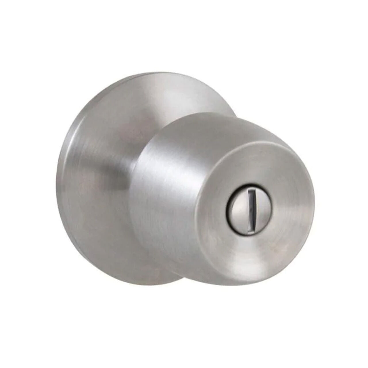 A Brandywine Privacy Door Knob - Stainless Steel by Go Build, The Fastest Way To Build, featuring a central keyhole slot and a sleek silver finish, displayed against a plain white background.