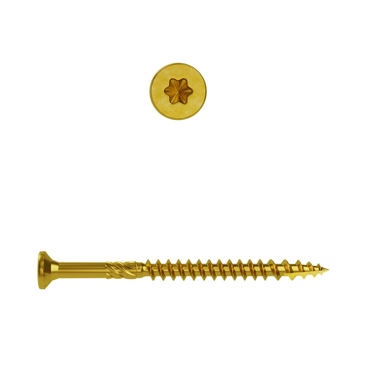 The Go Build #9 x 2-1/2 in. Star Drive Bugle Head R4 Multi-Purpose Wood Screw features a flat bugle head, star drive, and threaded body—ideal for various projects as a reliable fastener from The Fastest Way To Build.