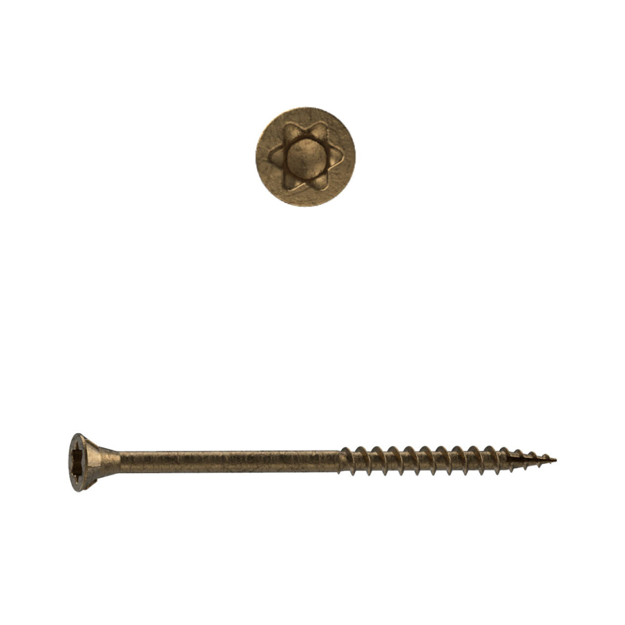 The image shows Go Build #10 x 3 in. Star Drive Head Construction Screws (1 lb.), zinc-plated steel with a brass-colored finish, viewed from the side and top against a white background.