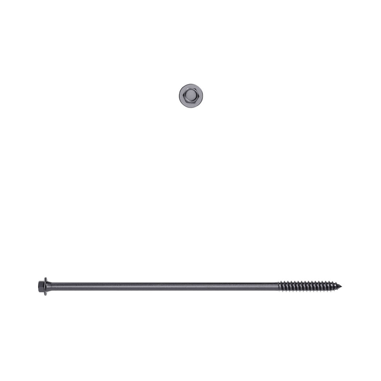 A Go Build 3/16 in. x 6 in. TimberLok Coarse Steel Hex Head Heavy-Duty Wood Screw (50/Pack) is shown horizontally on a white background, with its hex head displayed from a top-down view. Brand: The Fastest Way To Build.