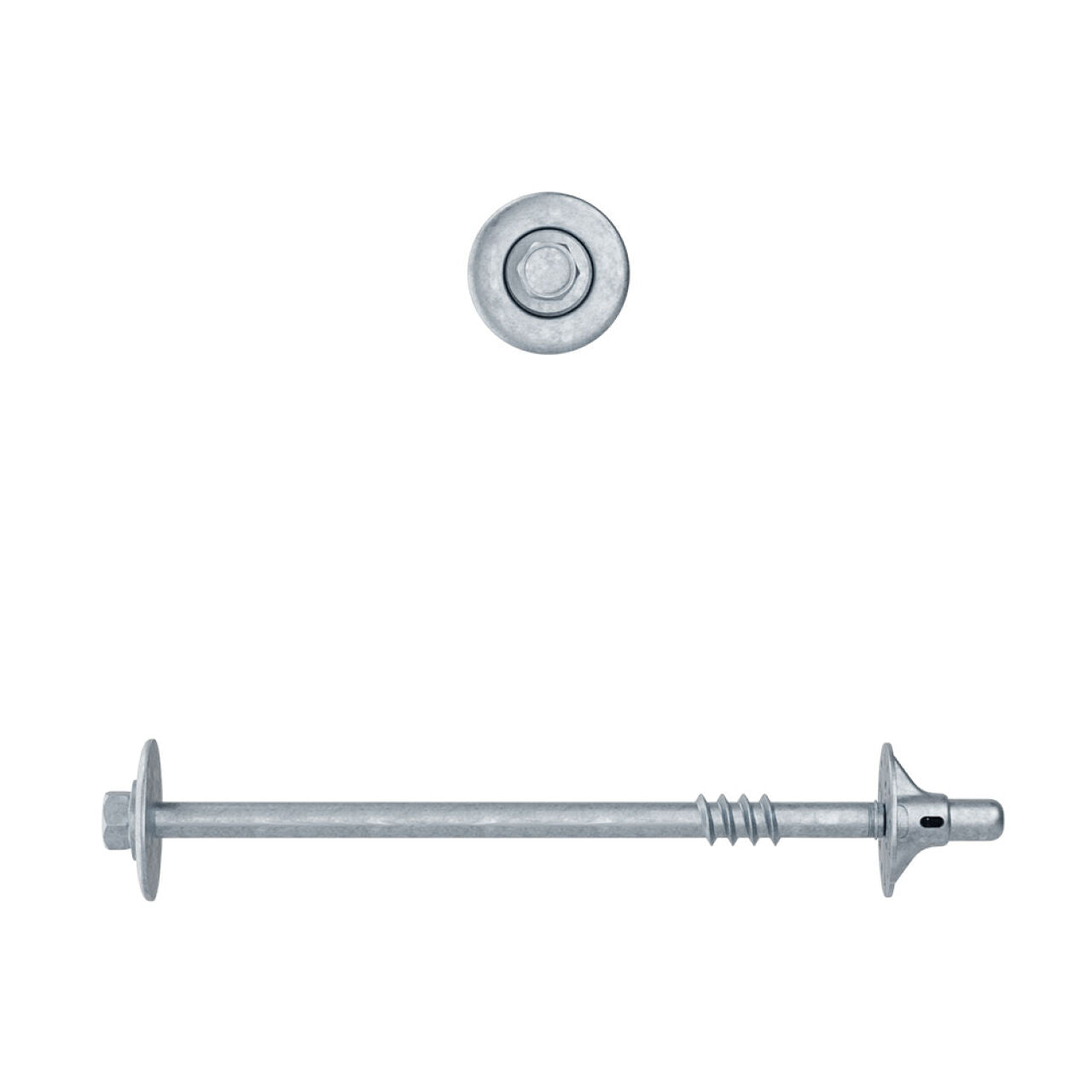 A Go Build 6-1/4 in. Screw Bolt Fastening System is shown with washer and nut. The top view shows its circular head; the side view highlights the threaded shaft, washer, and nut—ideal for decks—on a white background.