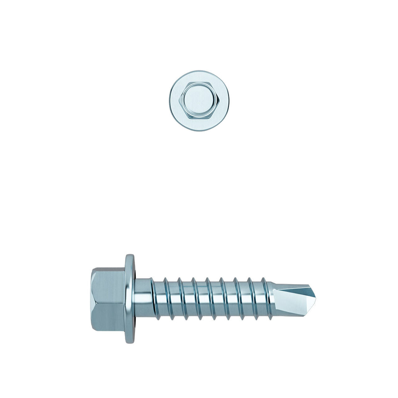 A Go Build #12-14 x 1 in. Hex Washer Head Drill Point Self-Drilling Screw (400/Pack) is shown against a white background, with views of the side profile and hexagonal head highlighting its use for metal fastening.