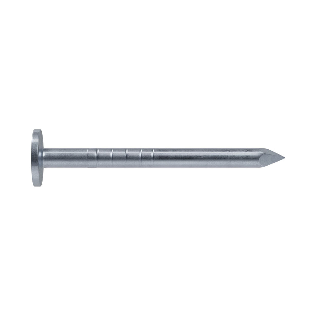 A #11 x 1-1/2 in. electro-galvanized steel roofing nail by Go Build is shown on a white background. It features a flat head, diamond point tip, and grooved details near the head, adhering to ASTM F1667 standards.