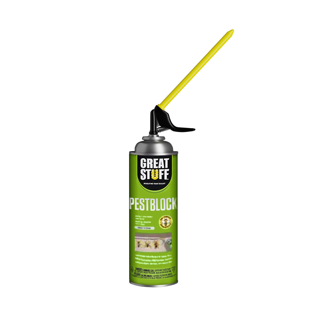 A 16 oz. Pestblock with Smart Dispenser by Go Build, The Fastest Way To Build, features a green can with product details and pest images, designed to block pests effectively.