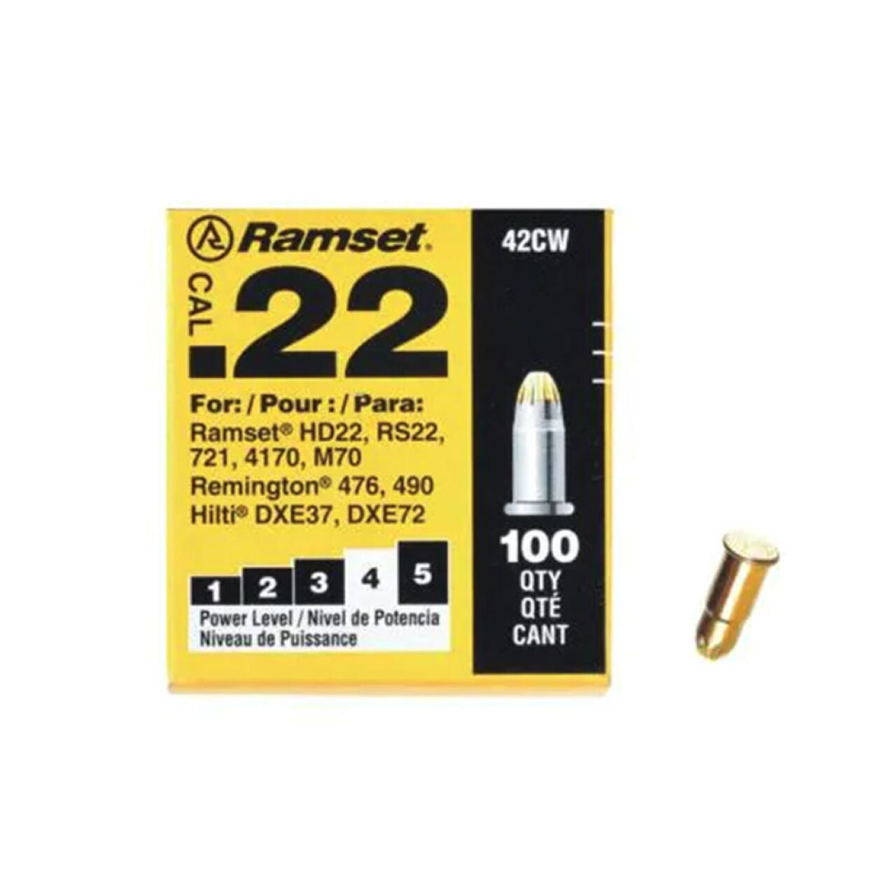 A yellow and black box of Go Build 0.22 Cal. Single Shot Yellow Load (100/Pack), for concrete penetration with various tools, is shown with one upright brass and silver cartridge beside it. Brand: The Fastest Way To Build.