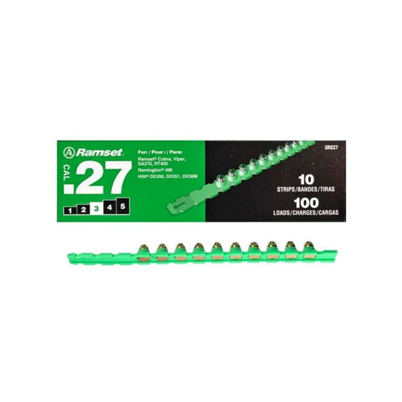 A box of Go Build 0.27 Caliber Green Strip Loads (100/Pack), labeled in English, Spanish, and French. Each pack contains 10 strips of 10 loads each from The Fastest Way To Build brand.