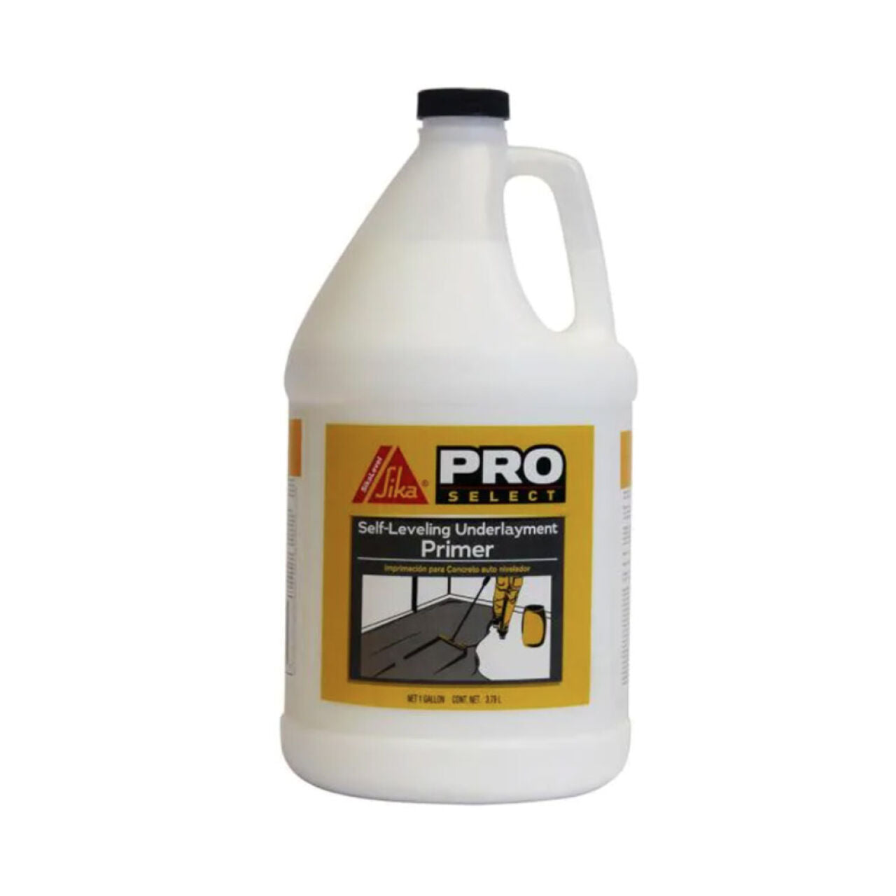 A 1-gal. white jug of Go Build Level Underlayment Primer by The Fastest Way To Build, a water-based, fast-drying solution with a yellow label, black cap, and product info on the front.