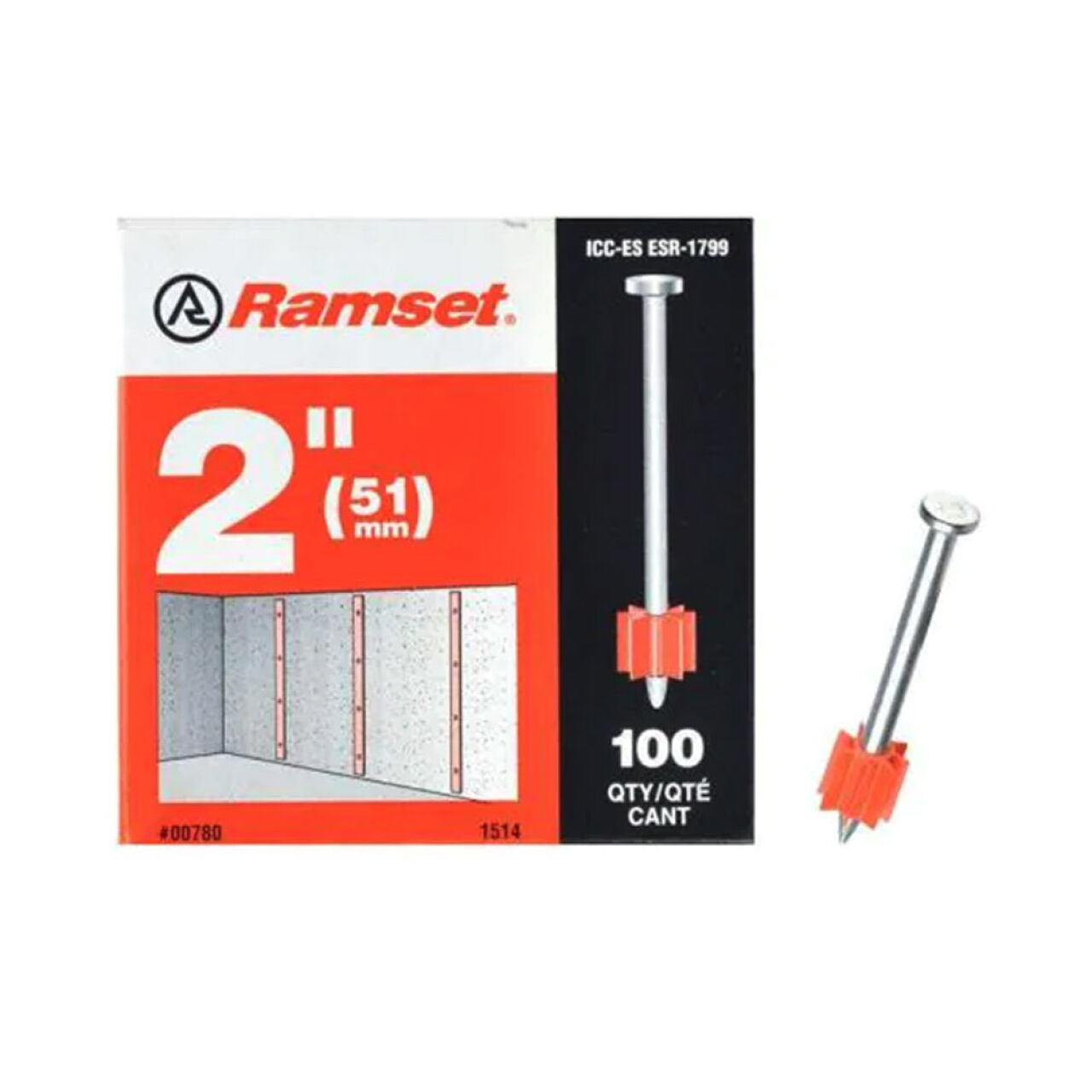 The RAMSET 1514 2 in. Drive Pins (100/Pack) box features a depicted 2-inch nail, dimensions in inches and millimeters, and a diagram illustrating its use with powder-actuated tools for securing materials like plywood.