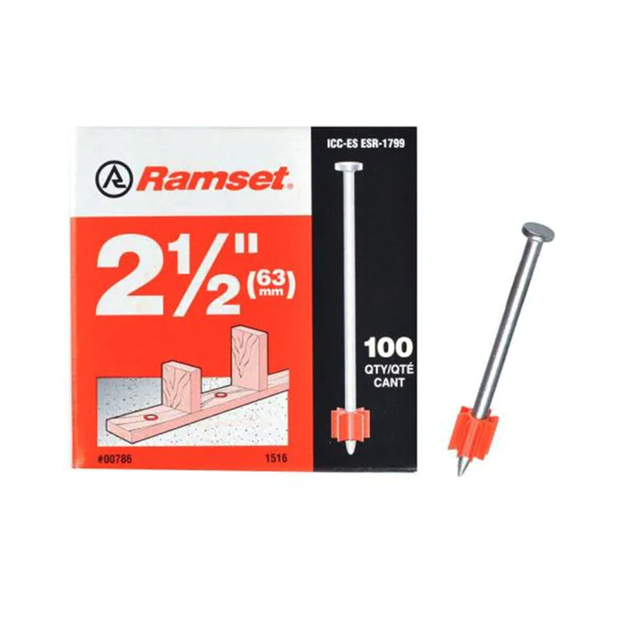 The RAMSET 1516 2-1/2 in. Drive Pins are showcased with a nail beside their red and black box, which features illustrations of nails fastening wood. This pack contains 100 durable nails compatible with powder actuated tools, ideal for fastening applications.