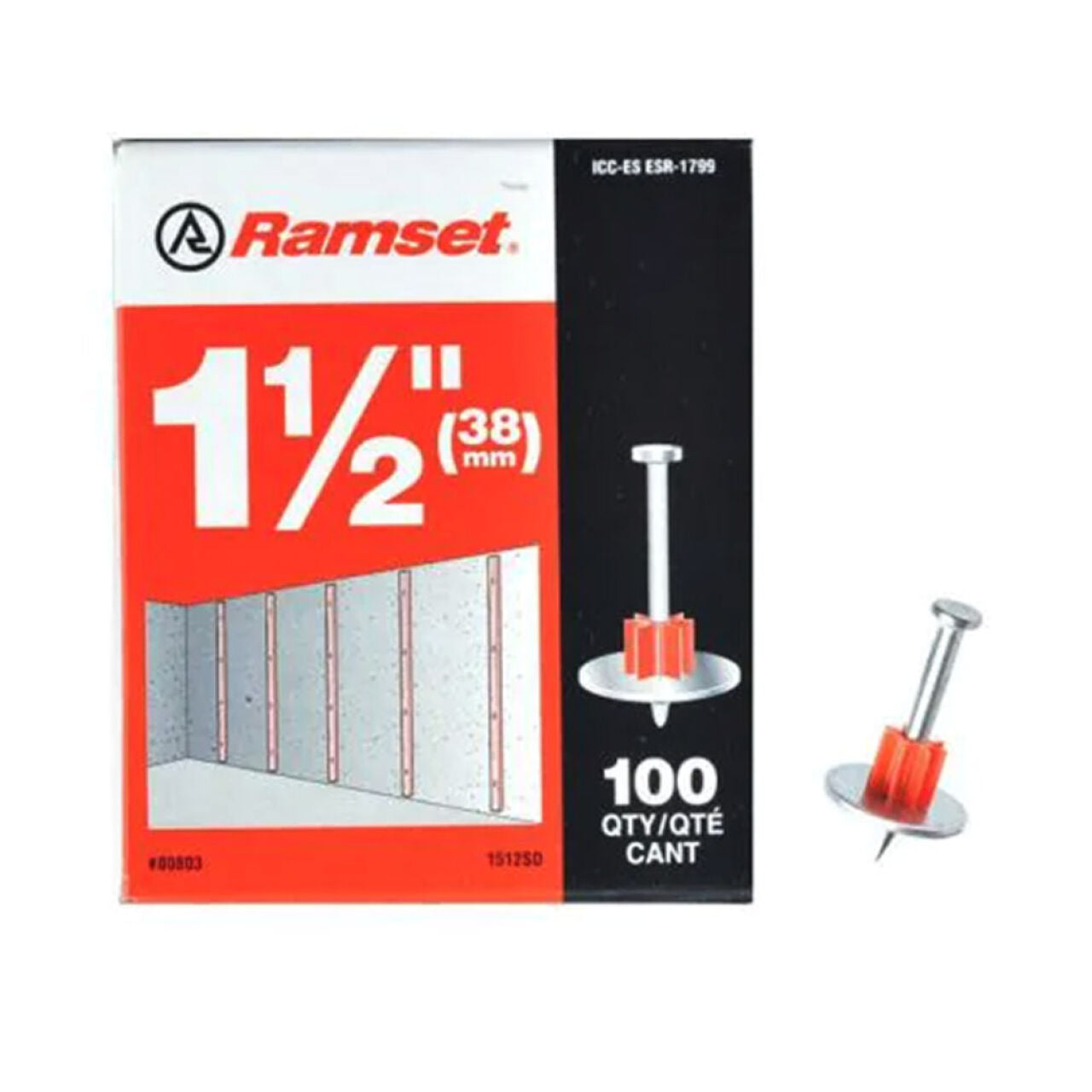 The RAMSET 1512SD 1-1/2 in. Drive Pins with Washers (100-Pack) by Ramset are perfect for concrete and steel fastening. The box shows an illustration of nails in concrete and includes a nail with a red plastic collar, ideal for powder-actuated tools.