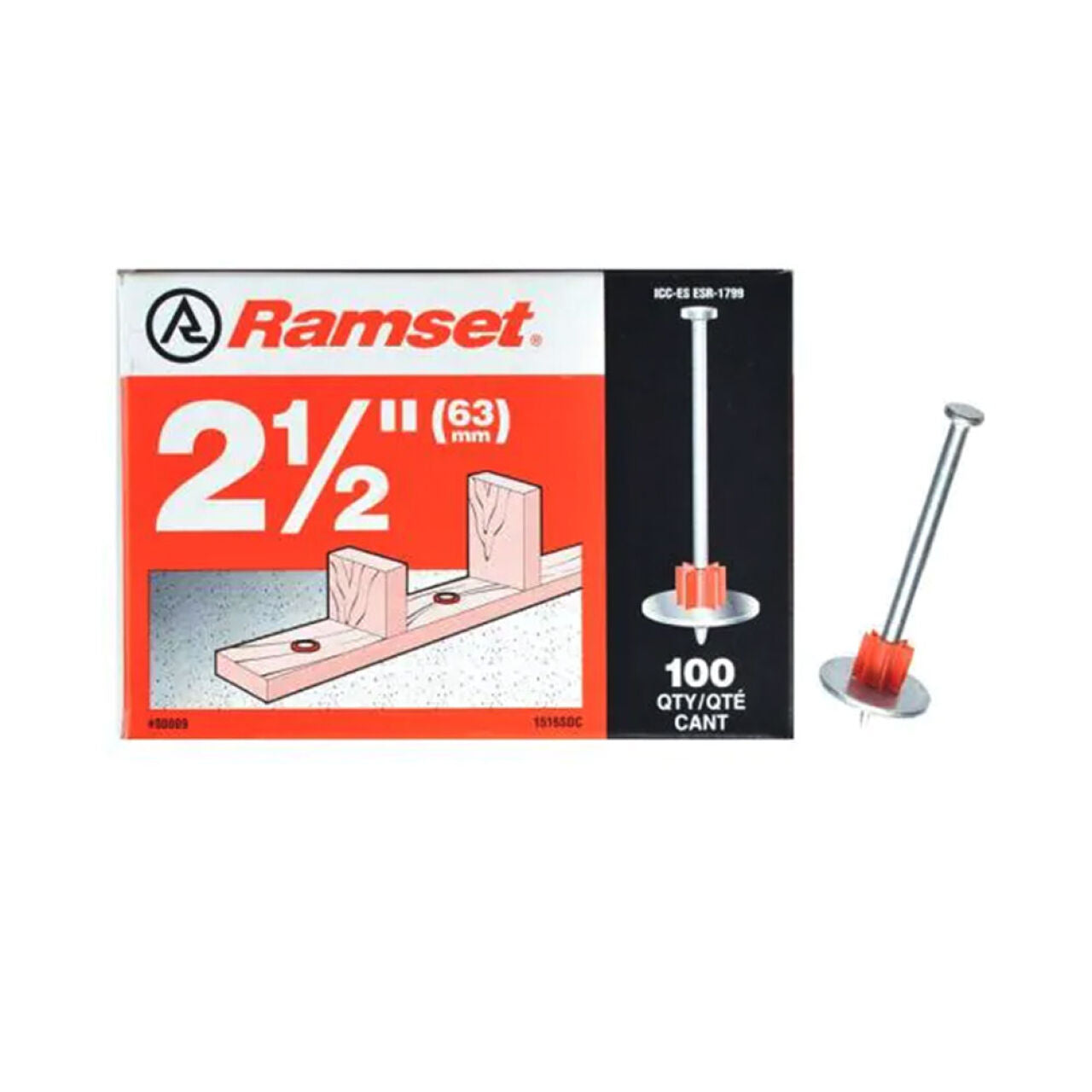 The image features a box of RAMSET 1516SDC 2-1/2 in. Drive Pins with Washers (100/Pack) by Ramset, showing the nails in action for fastening applications. One nail is highlighted, demonstrating its design—ideal for use with powder actuated tools.