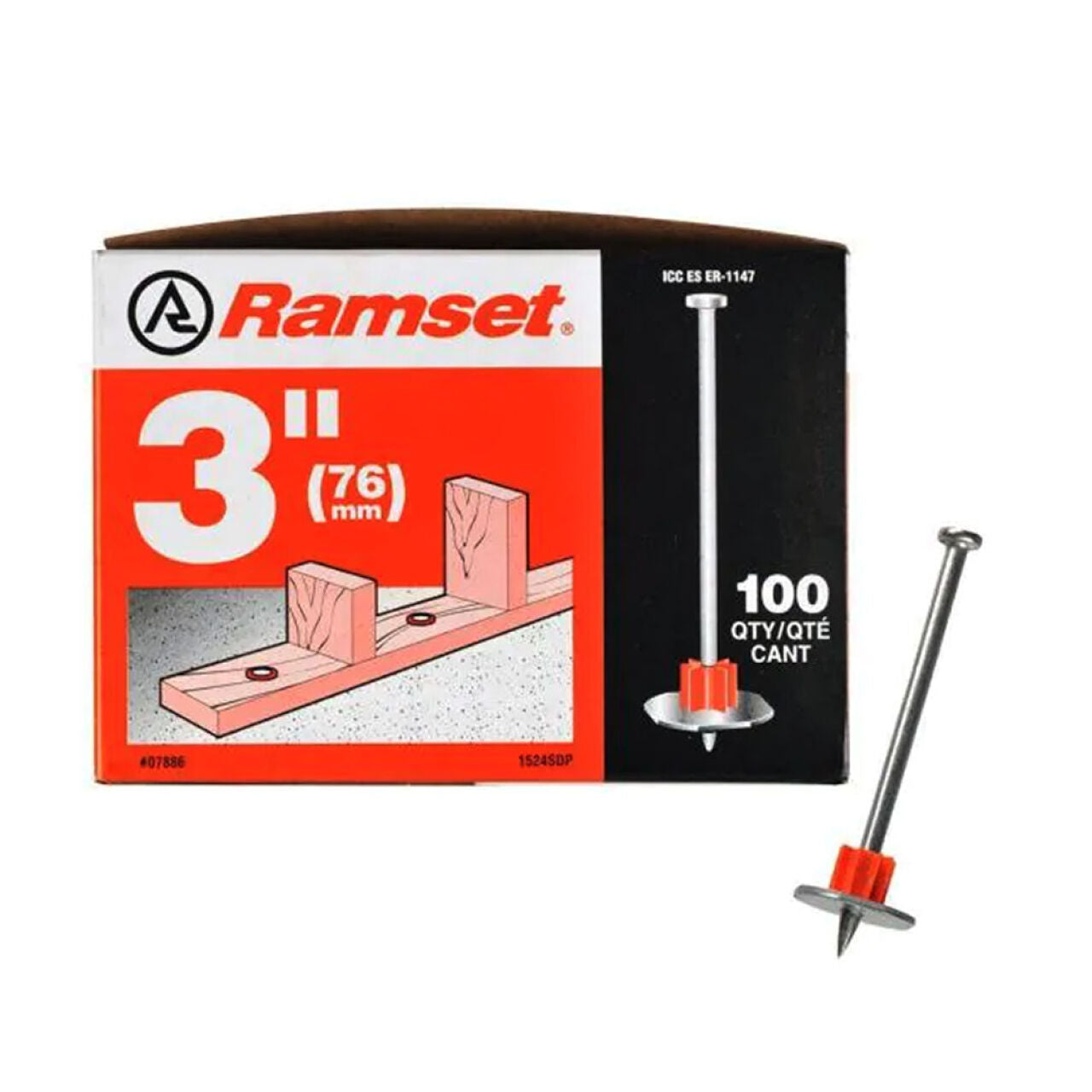 Go Build 3 in. Drive Pins with Washers (100/Pack), ideal for fastening applications with powder actuated tools, come in a red and black package featuring an illustration of nails securing wooden planks, along with a sample nail shown aside.