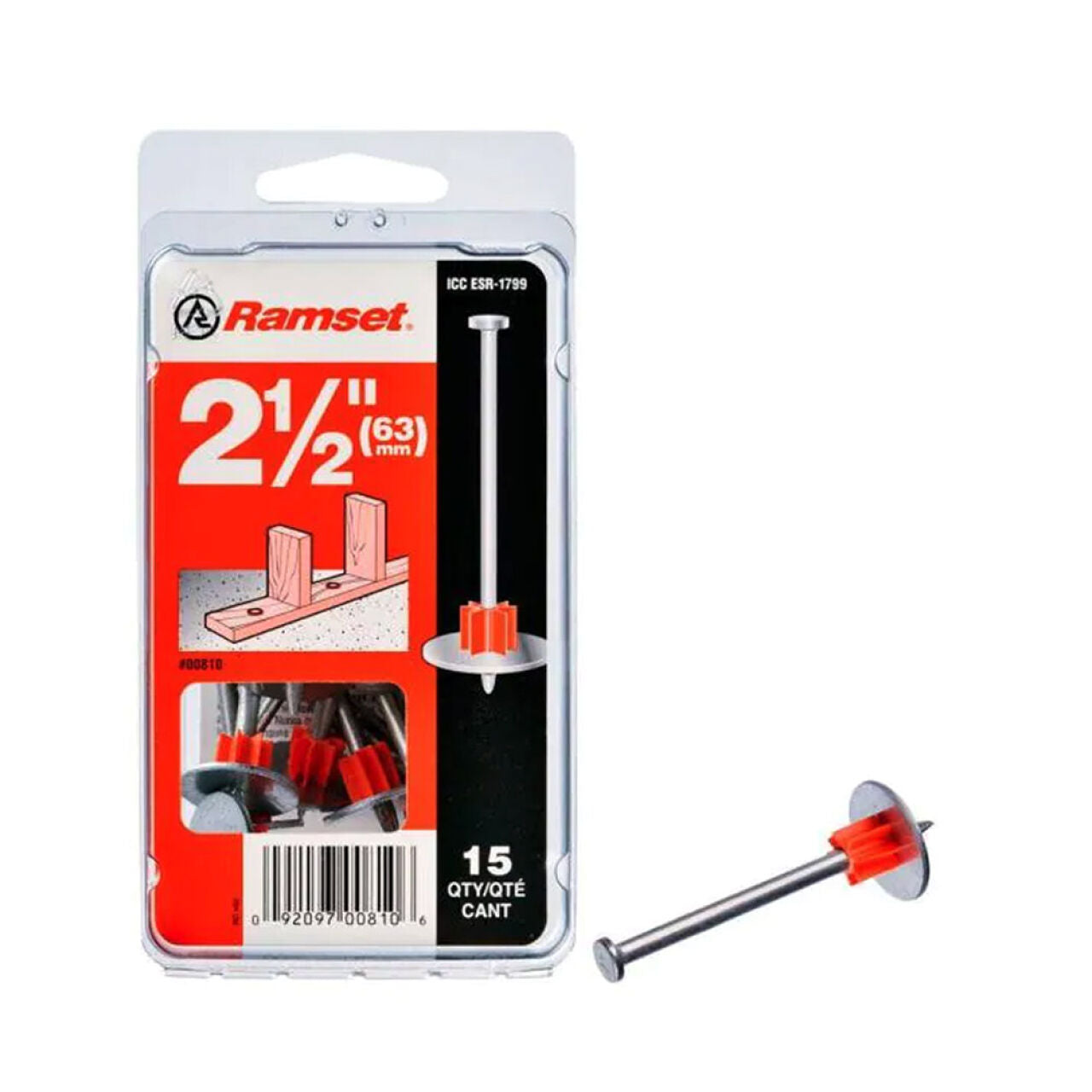 A pack of 15 Go Build 2-1/2 in. Drive Pins with Washers for concrete fastening with powder actuated tools. One pin featuring an orange plastic cap and metal washer is shown outside the Go Build package.