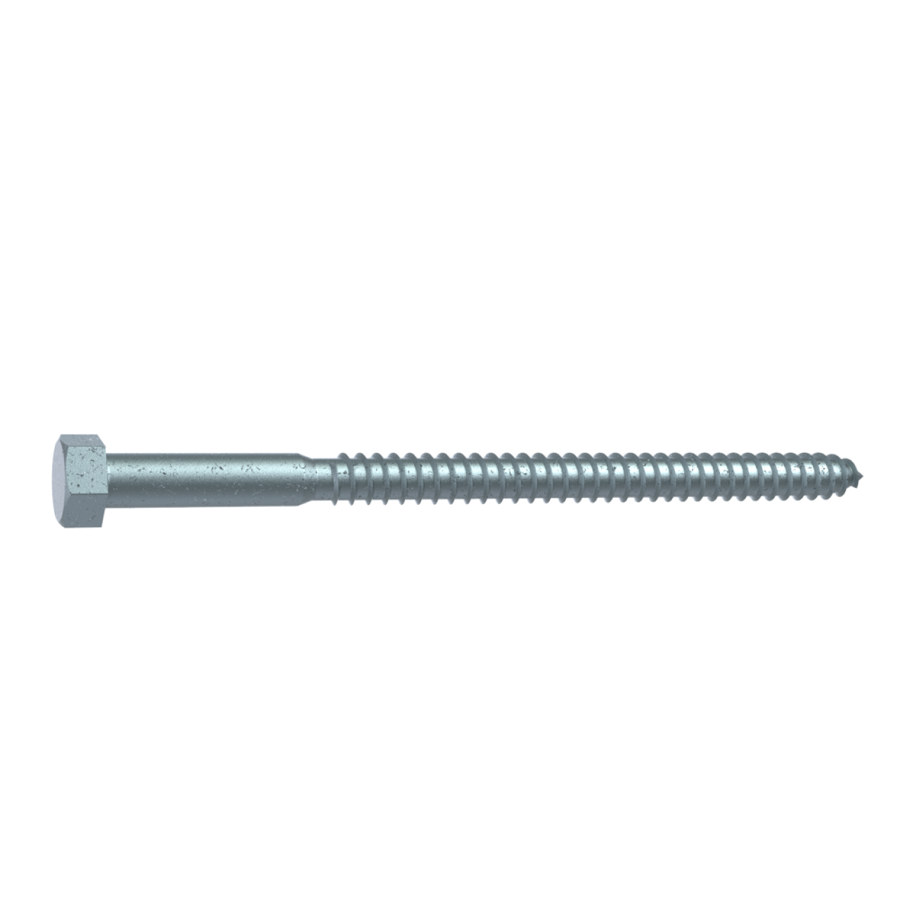A single Go Build 1/2 in. x 3 in. Hex Head Lag Bolt - Galvanized, featuring a threaded body and hexagonal head, ideal as a load-bearing fastener, isolated on a white background.