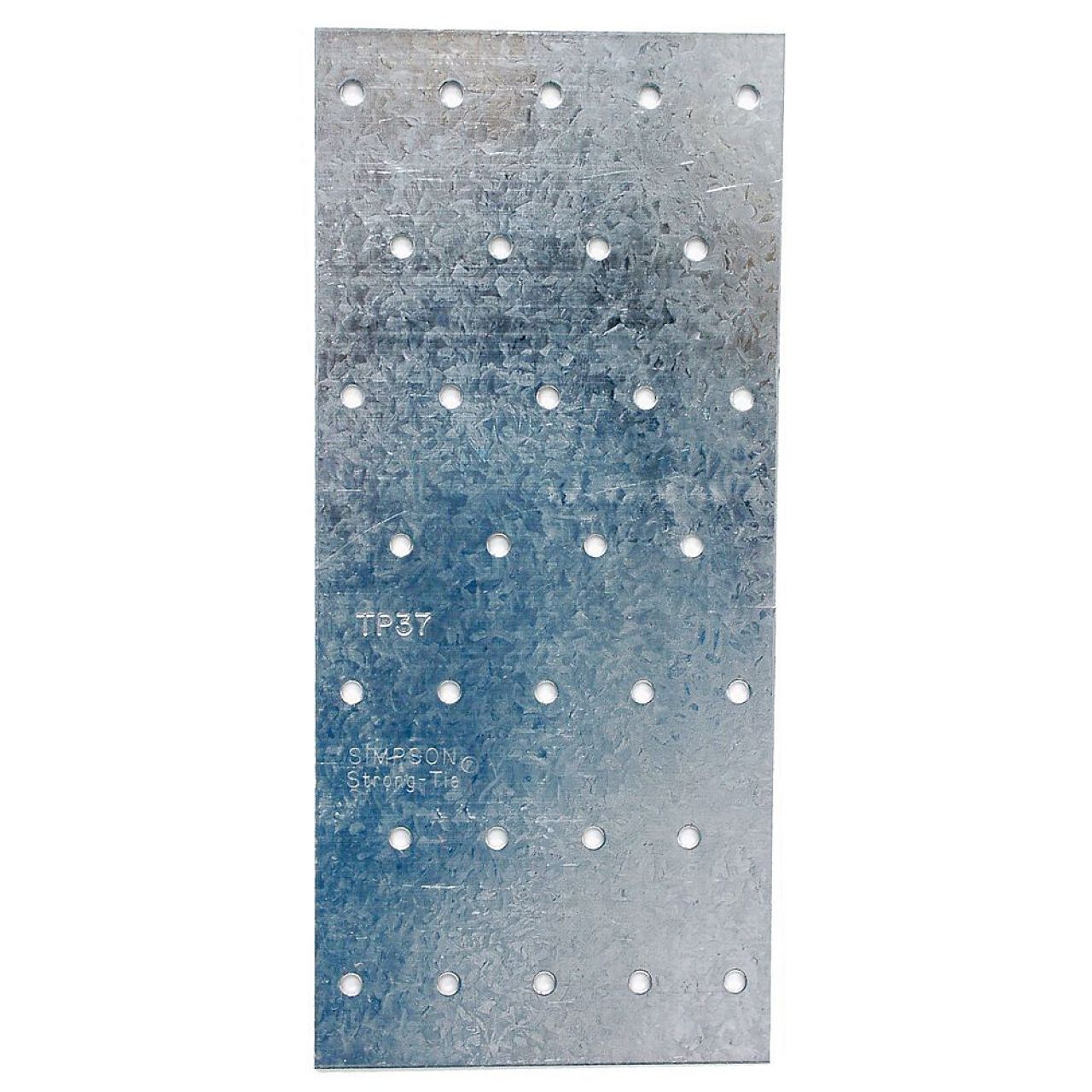The Go Build 3-1/8 in. x 7 in. Tie Plate 20 Ga. - Galvanized features evenly spaced circular holes for structural support, a textured metallic finish, and identification on the bottom left corner, ideal for wood-to-wood connections.