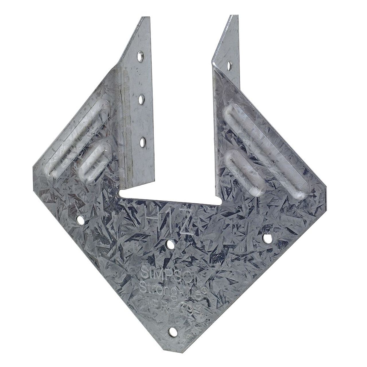 The H1 Galvanized Hurricane Tie from Go Build features pre-drilled holes and reinforced ridges in a V-shape, perfect for securing wooden beams at an angle. Its ideal for construction or carpentry, offering excellent lateral load resistance in demanding environments.