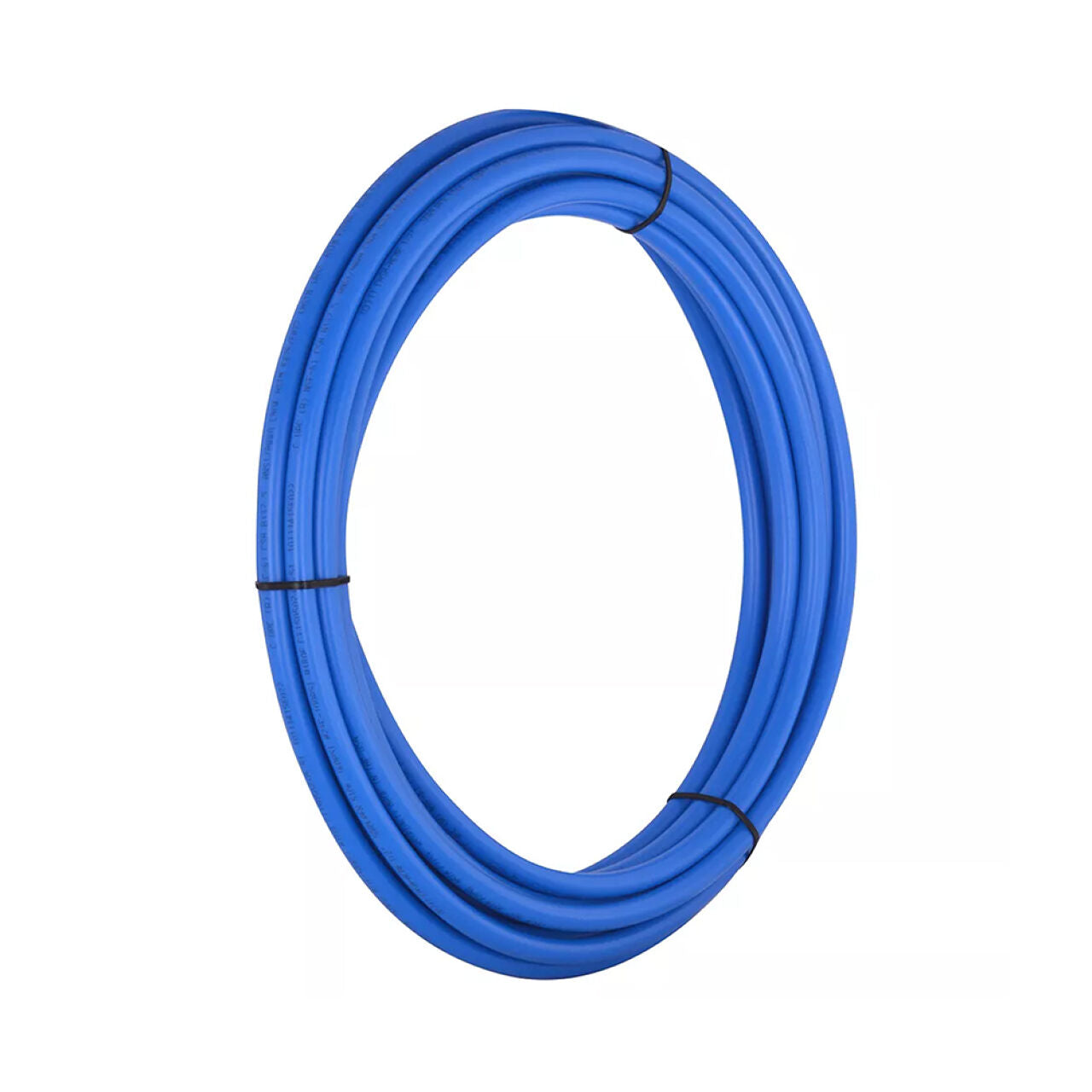 A 3/4 in. x 100 ft. Go Build PEX Coil - Blue, flexible and corrosion-resistant, is coiled and secured with two black cable ties against a plain white background.