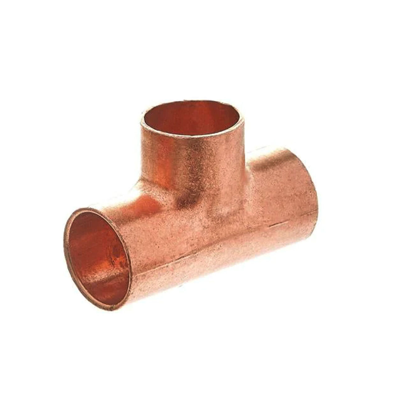 The Go Build 1/2 in. Copper Tee All Cup, made from ASTM B75 Alloy C12200 for dezincification resistance, joins pipes at right angles. This three-ended fitting is shown against a plain white background.