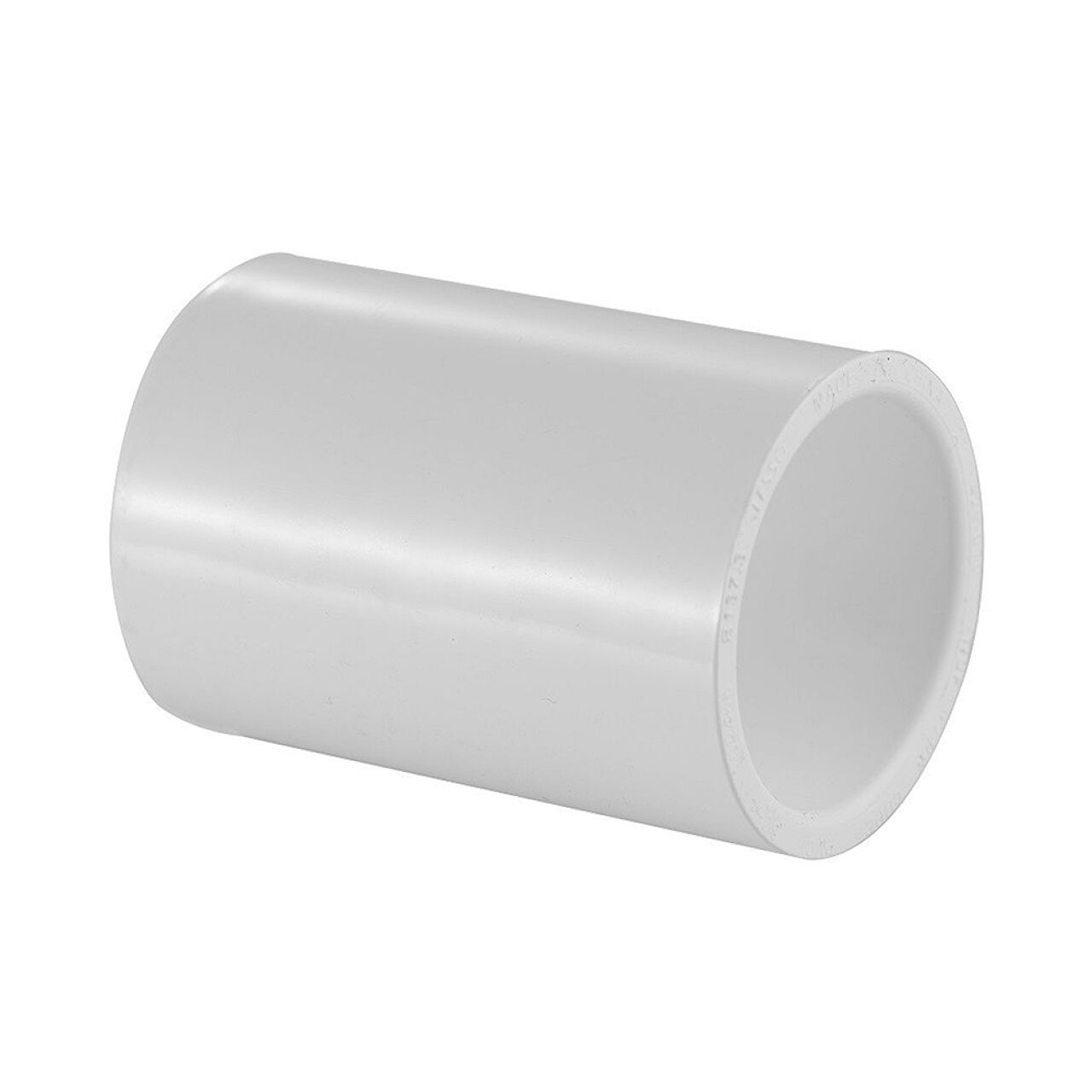 The Go Build 1-1/2 in. PVC Schedule 40 Coupling is a white cylindrical fitting with open ends, ideal for joining two pieces of pipe in pressure and potable water systems.