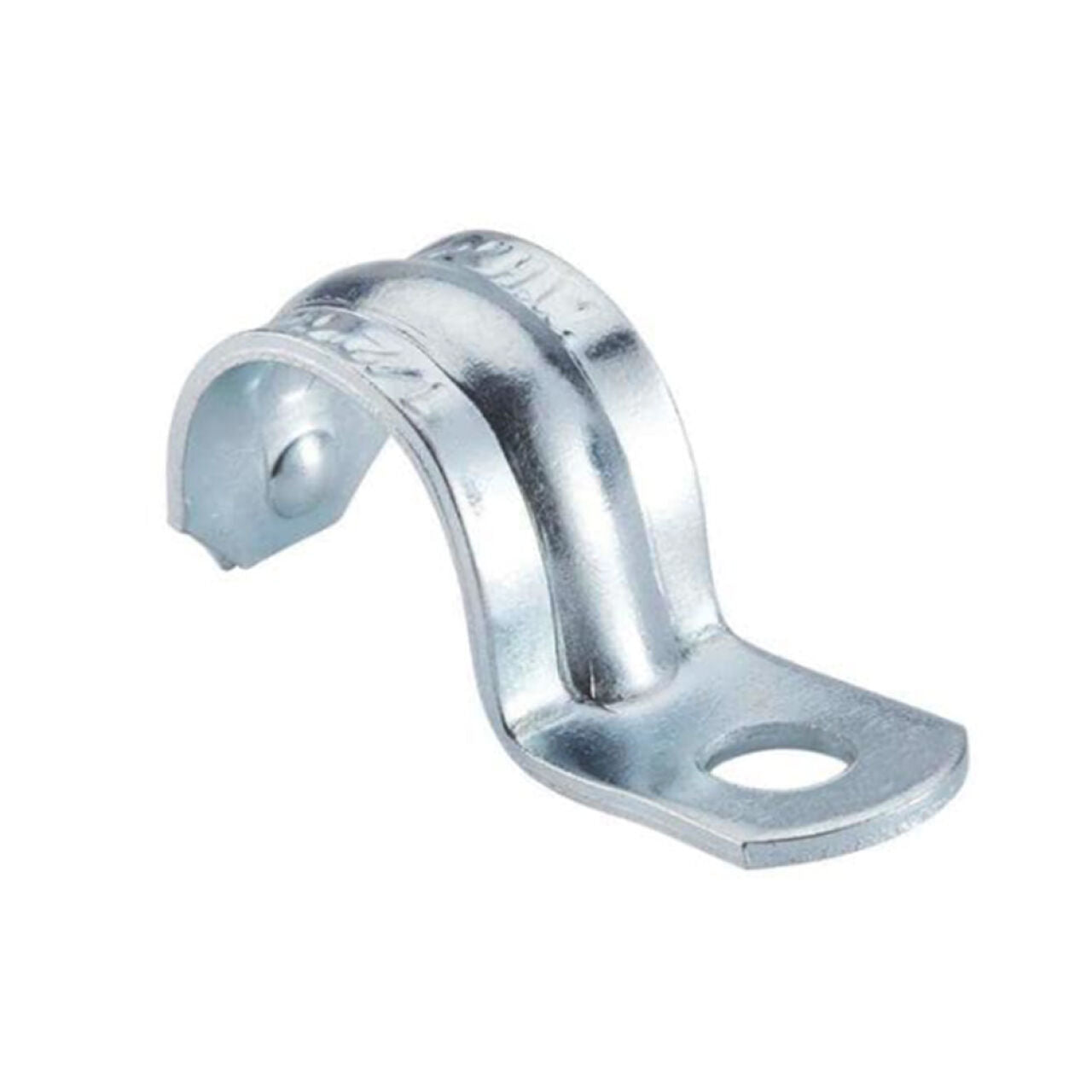 The Go Build 1/2 in. EMT 1-Hole Strap is a zinc-plated steel conduit strap with a shiny silver finish, designed to securely mount tubing or conduit. Features a single mounting hole and durable construction for easy installation.