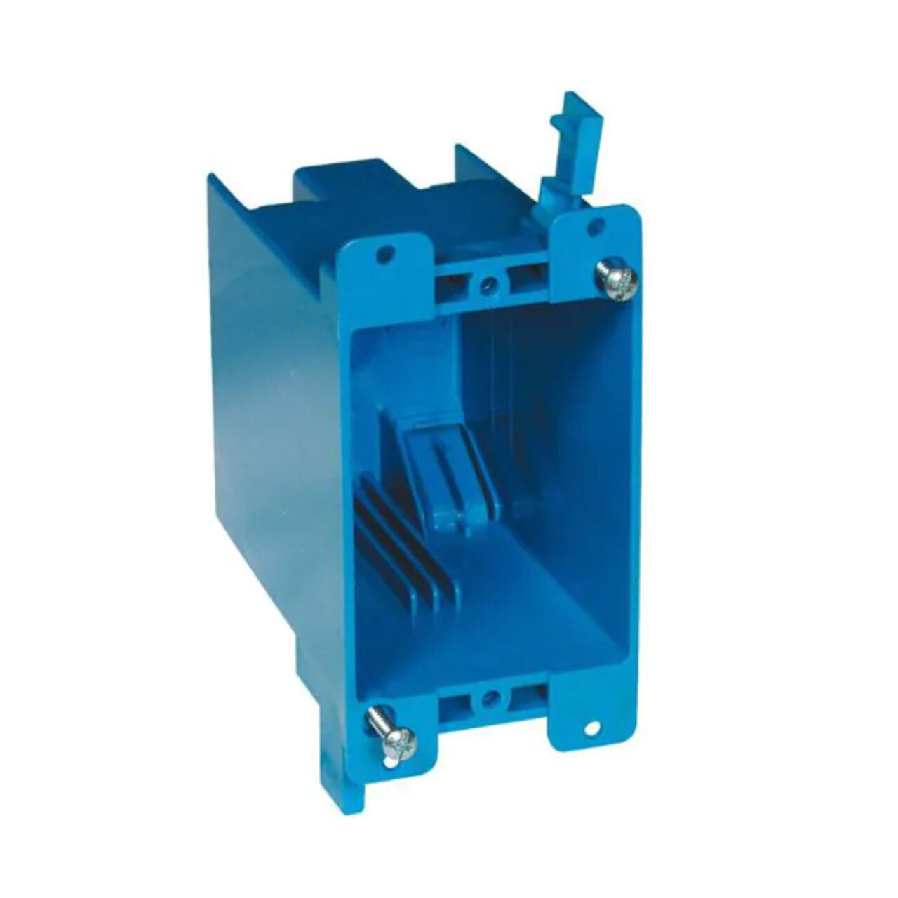 The Go Build 1-Gang 20 cu. in. PVC Old Work Electrical Box includes mounting tabs and screws, perfect for installing outlets or switches in walls during residential remodeling projects.