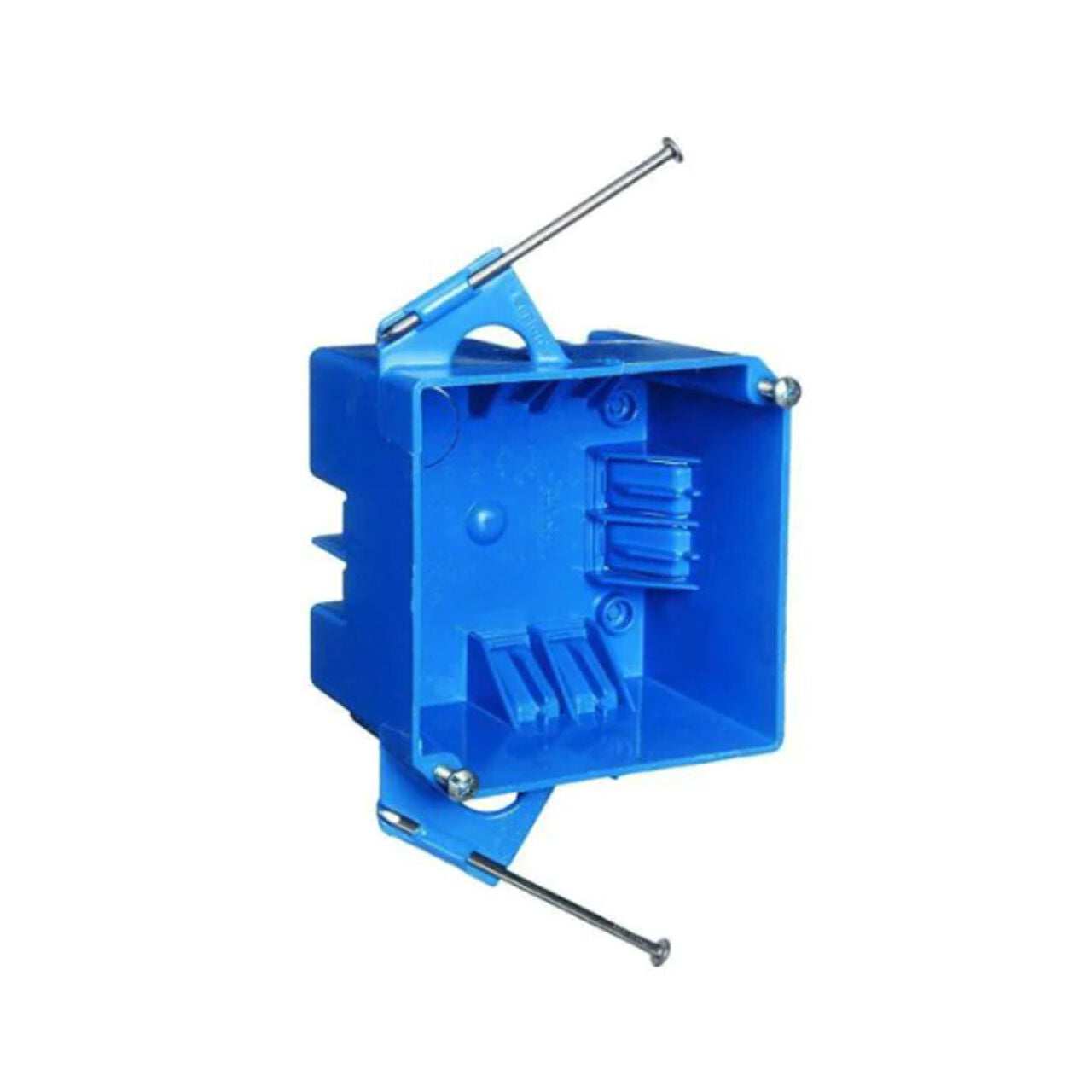 A Go Build 2-Gang 4 in. PVC Square New Work Electrical Box is shown empty with two mounting nails, designed for wall installation in electrical wiring projects.