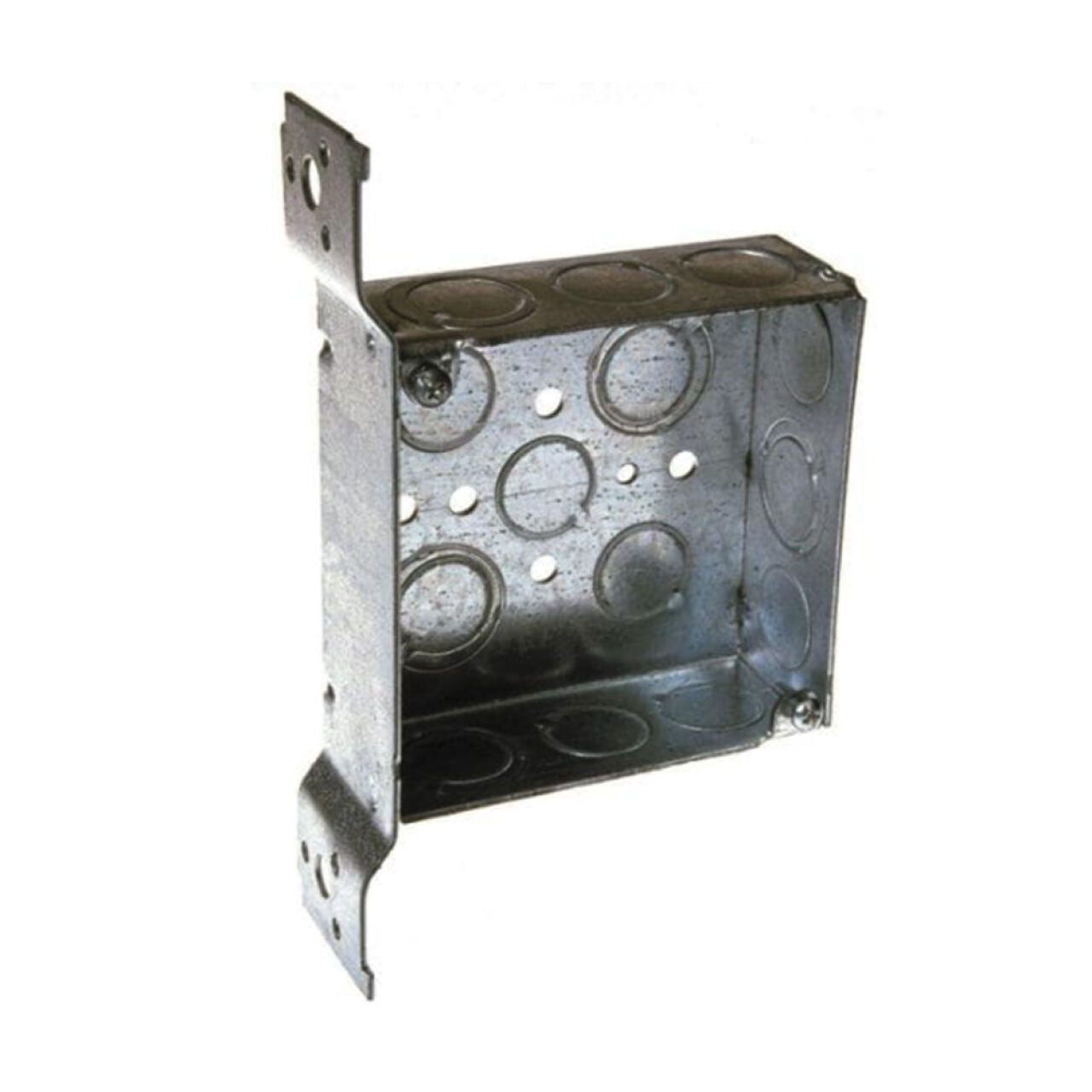 Go Build 2-Gang Square Electrical Box features welded steel construction, circular knockouts, an open front, and mounting brackets—ideal for wall installation to house wiring connections.
