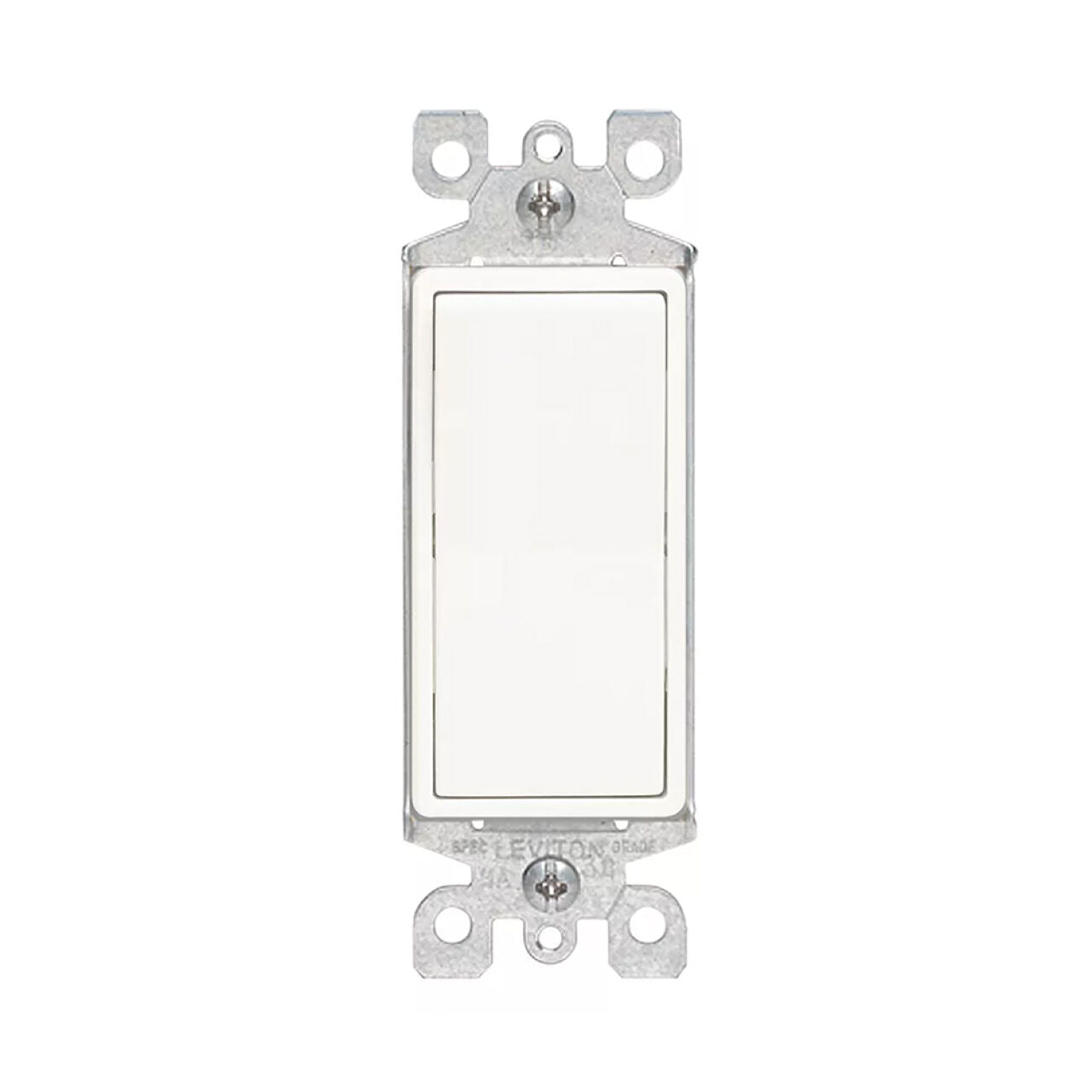 The Go Build 3 Way Rocker Switch - Decora - White features a rectangular design with a metal mounting frame and screw holes for easy installation in a standard electrical box.