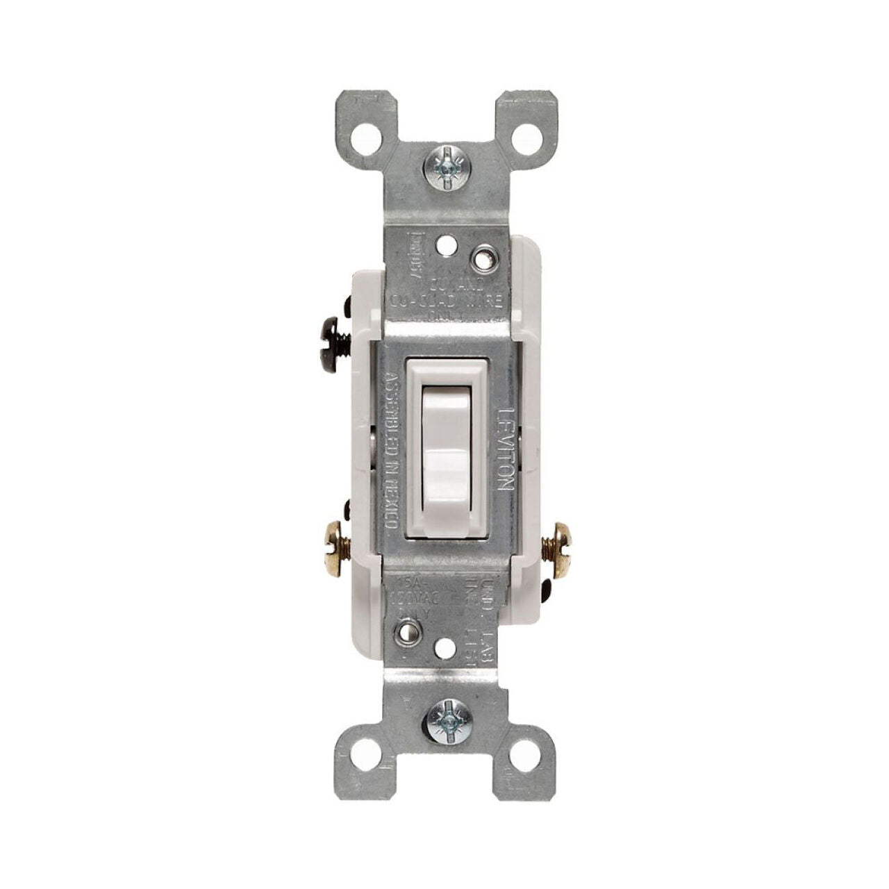 A single Go Build 3 Way Toggle Switch 15A - White, featuring a horizontal toggle and mounted on a metal bracket for wall installation, is shown against a white background.