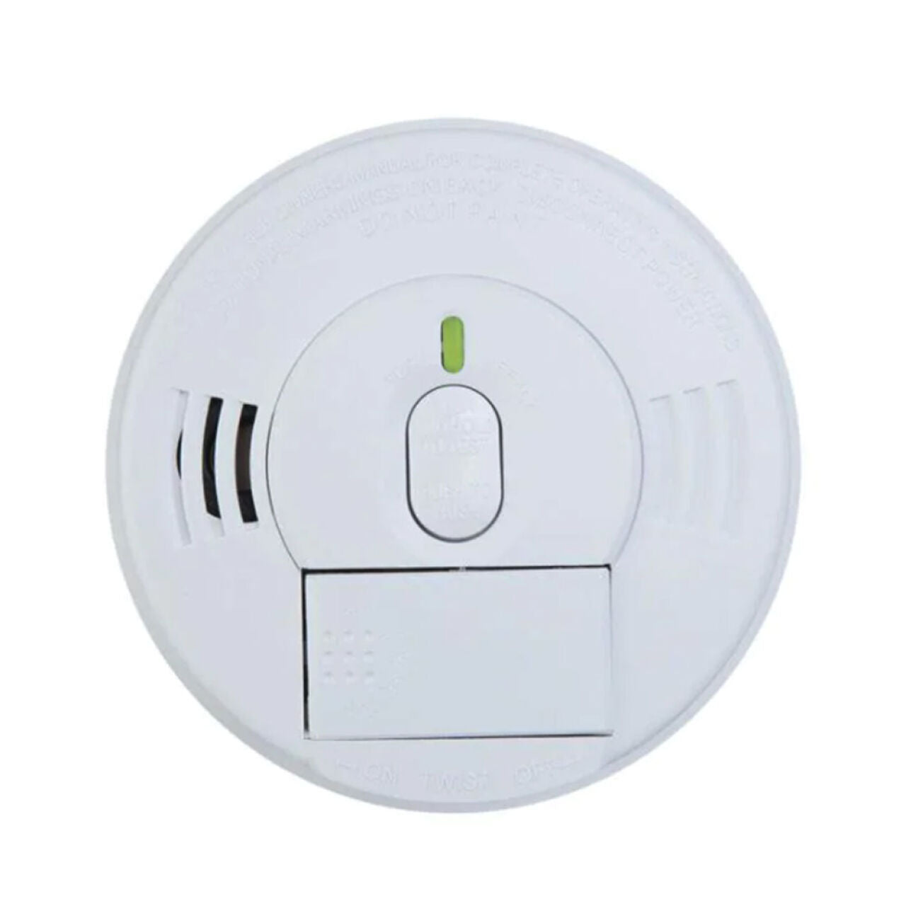 The Go Build 120V Hardwire Smoke Alarm with Hush Button & Battery Backup features a round white design, central button, small green indicator light, side vents, and a rectangular battery compartment at the bottom.
