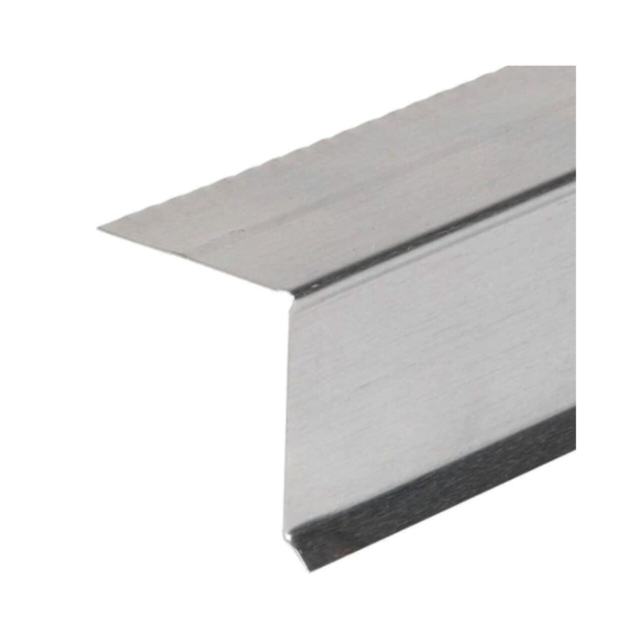 A close-up of the C3 Aluminum Drip Edge Flashing - White by Go Build, The Fastest Way To Build, shows its right-angle shape and smooth metallic finish, ideal for reinforcing or finishing plaster or drywall edges in construction.