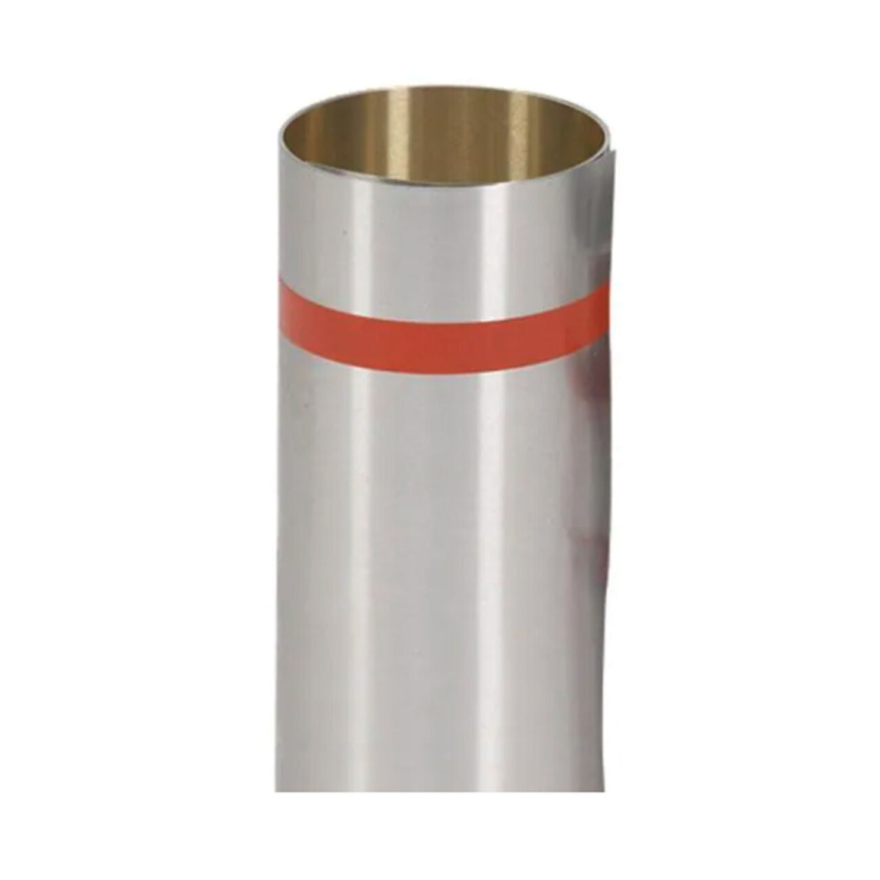 The Go Build 6 in. x 50 ft. Aluminum Drip Edge Flashing Roll features a shiny, reflective surface with a red band near the top, resembling roof flashing, shown against a white background.