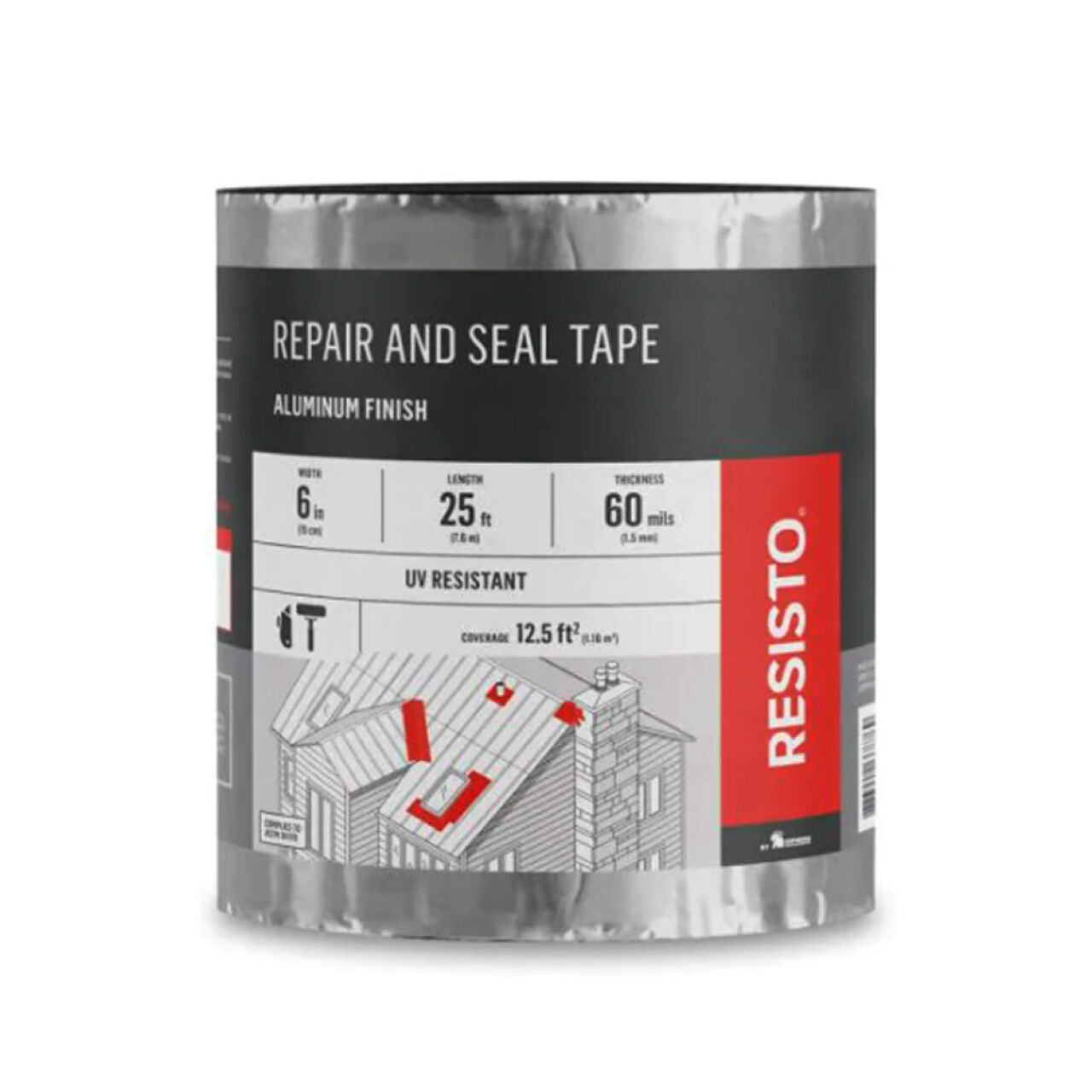 A 6 in. x 25 ft. Go Build Flashing Tape—Aluminum Finish, 60 mil thick, features UV resistance and an illustrated roofing use on the label. Brand: Go Build, The Fastest Way To Build.