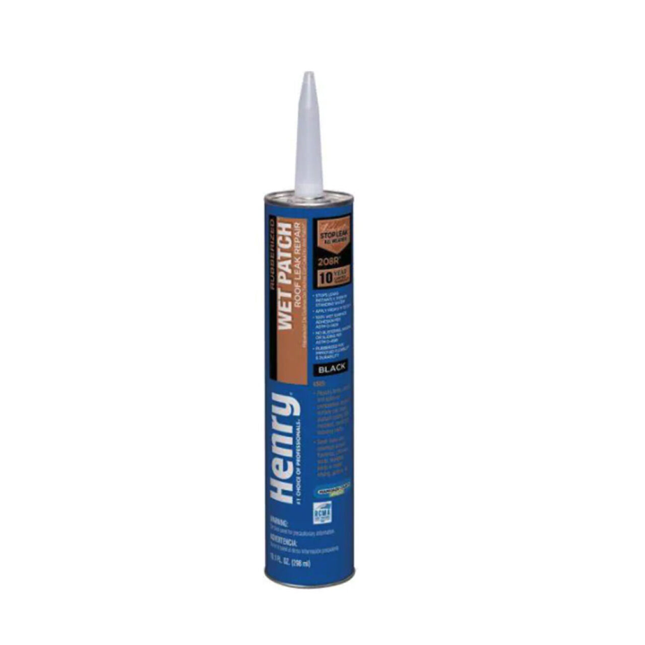 A 10.1 oz. Go Build Rubberized Wet Patch Roof Cement Leak Repair tube stands upright with a pointed nozzle and blue, orange, and black label—ideal for sealing roof leaks and adhering to wet surfaces. The Fastest Way To Build.
