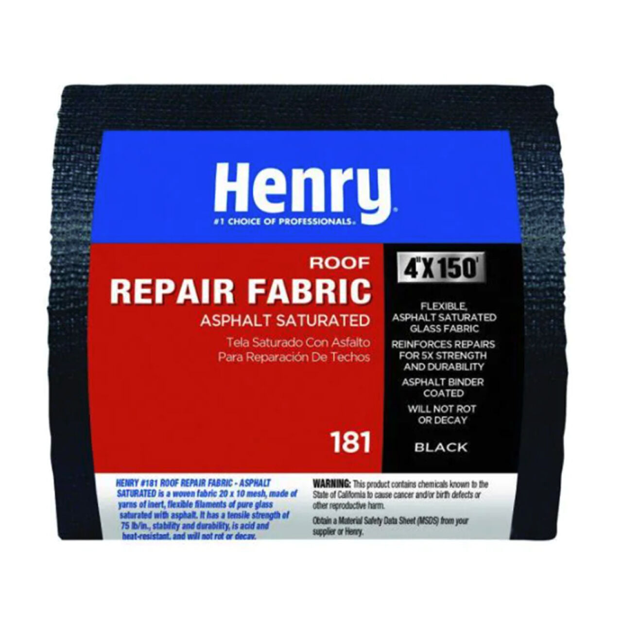 A roll of Go Build 4 in. x 150 ft. Asphalt Glass Fabric features a label with product details and highlights durability and leak-resistant roof repair, making it the fastest way to build.