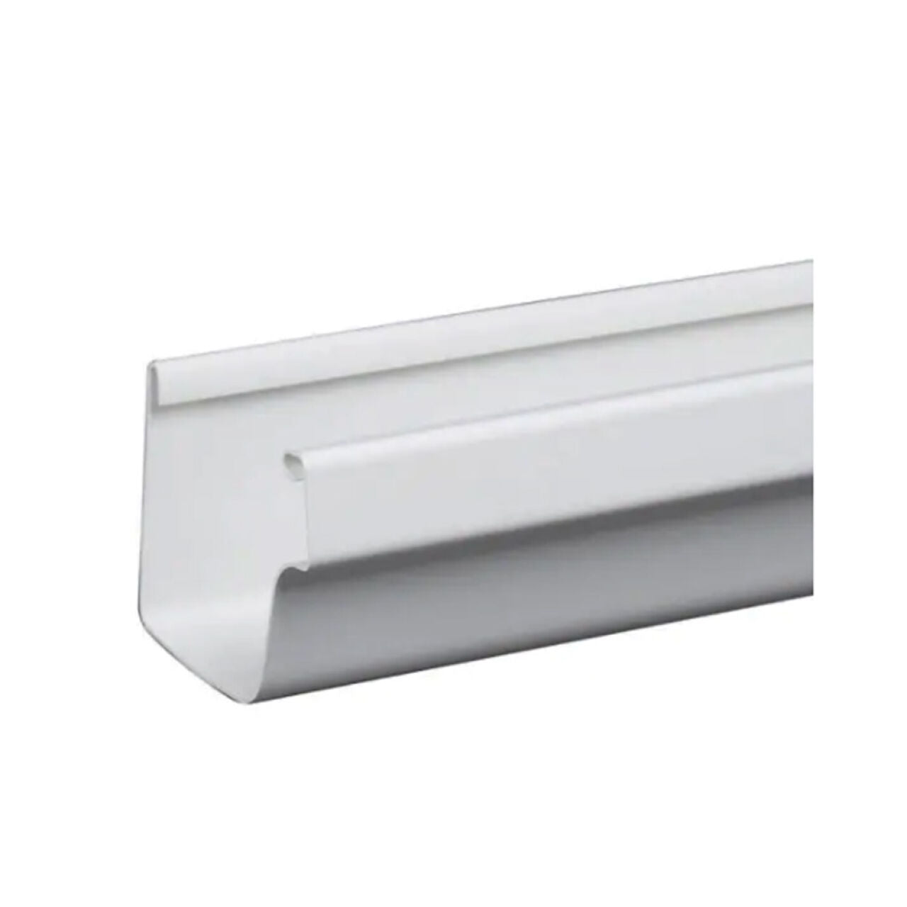 Close-up of a Go Build 5 in. x 10 ft. Traditional Vinyl Gutter in white, featuring a high-capacity design with a rounded bottom and flat back, shown on a plain white background.