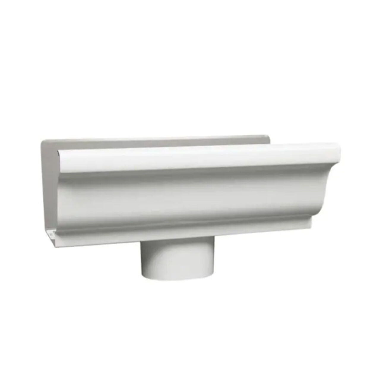 The Go Build 5 in. x 6 in. Aluminum End with Drop - White features a curved decorative edge and fits 2 in. x 3 in. downspouts for easy gutter-to-downspout connection at the bottom.