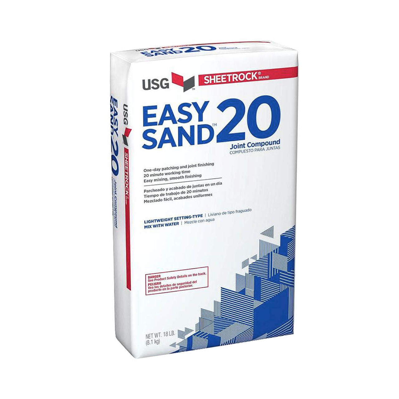 A bag of USG 384214 Easy Sand 20 Joint Compound by USG, perfect for patching and joint finishing. It boasts a lightweight, humidity-resistant formula on its front. Weighing 18 lbs (8.1 kg), it features a predominantly white and blue design.